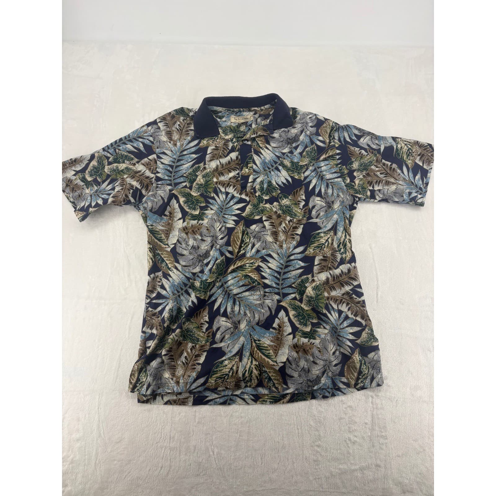 Tori Richard Polo Mens Large Shirt Navy Blue Tropical Leaf Floral Short Sleeve L