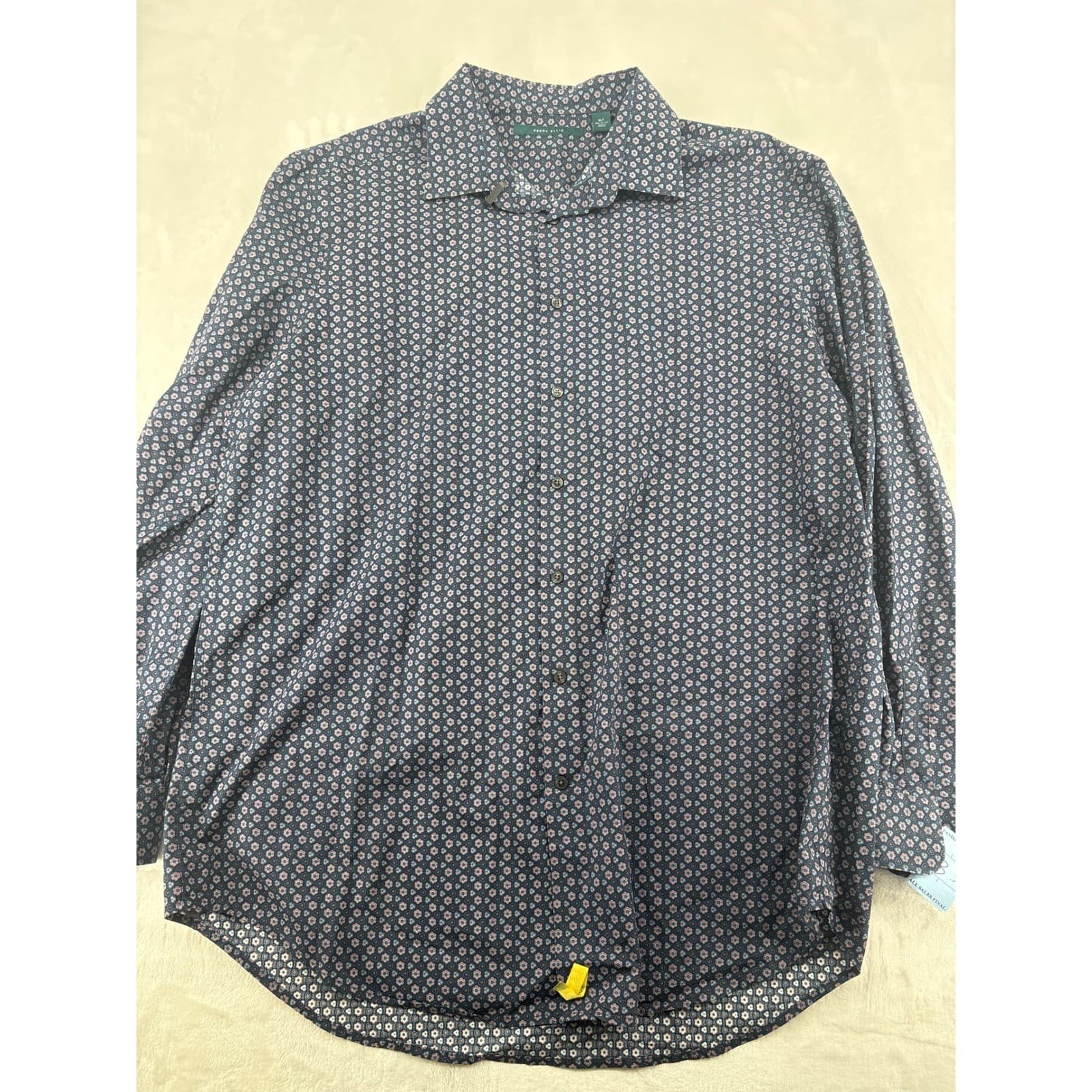 Perry Ellis Button Front Mens XLT Shirt Navy Blue Floral Geometric Long Sleeve
