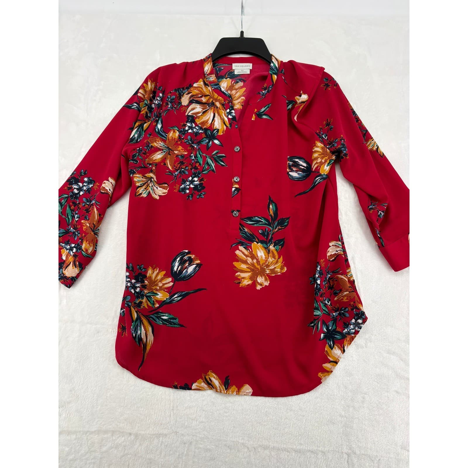 Van Heusen Blouse Womens M Top Red Floral Split Neck 3/4 Sleeve Button Front