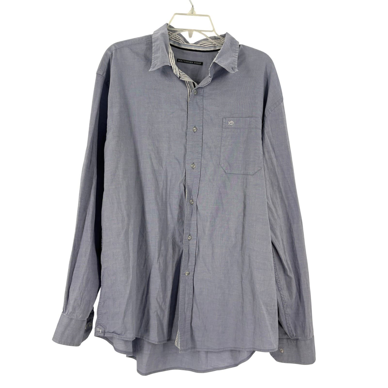 Southern Tide Button Down Shirt Men XL Blue Long Sleeve Pocket Fish Logo