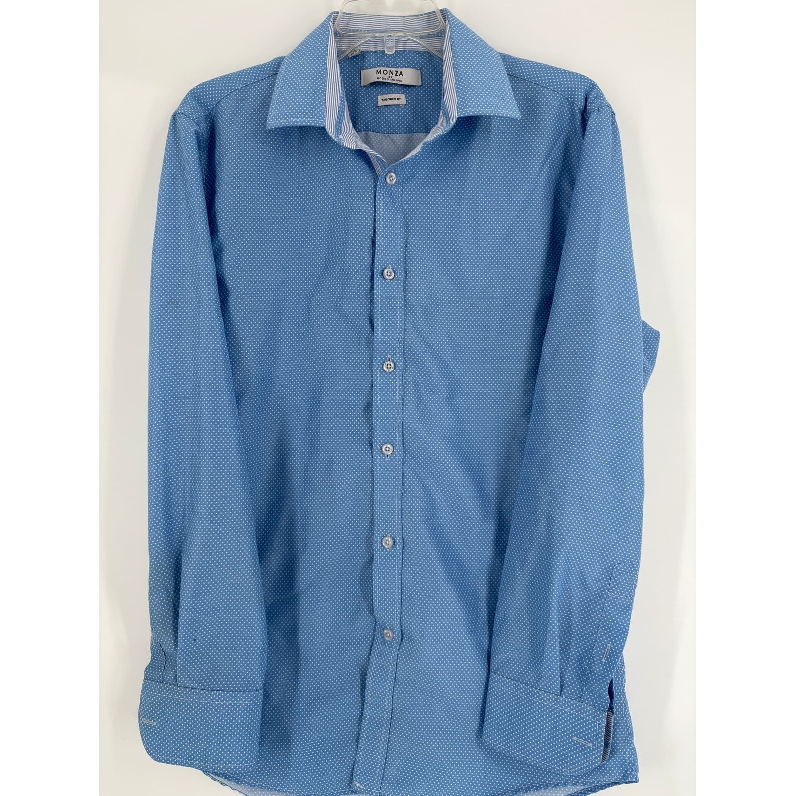 MONZA BY ROSSO MILANO Men's Tailored Fit Blue Dot Print Dress Shirt M 15 1/2