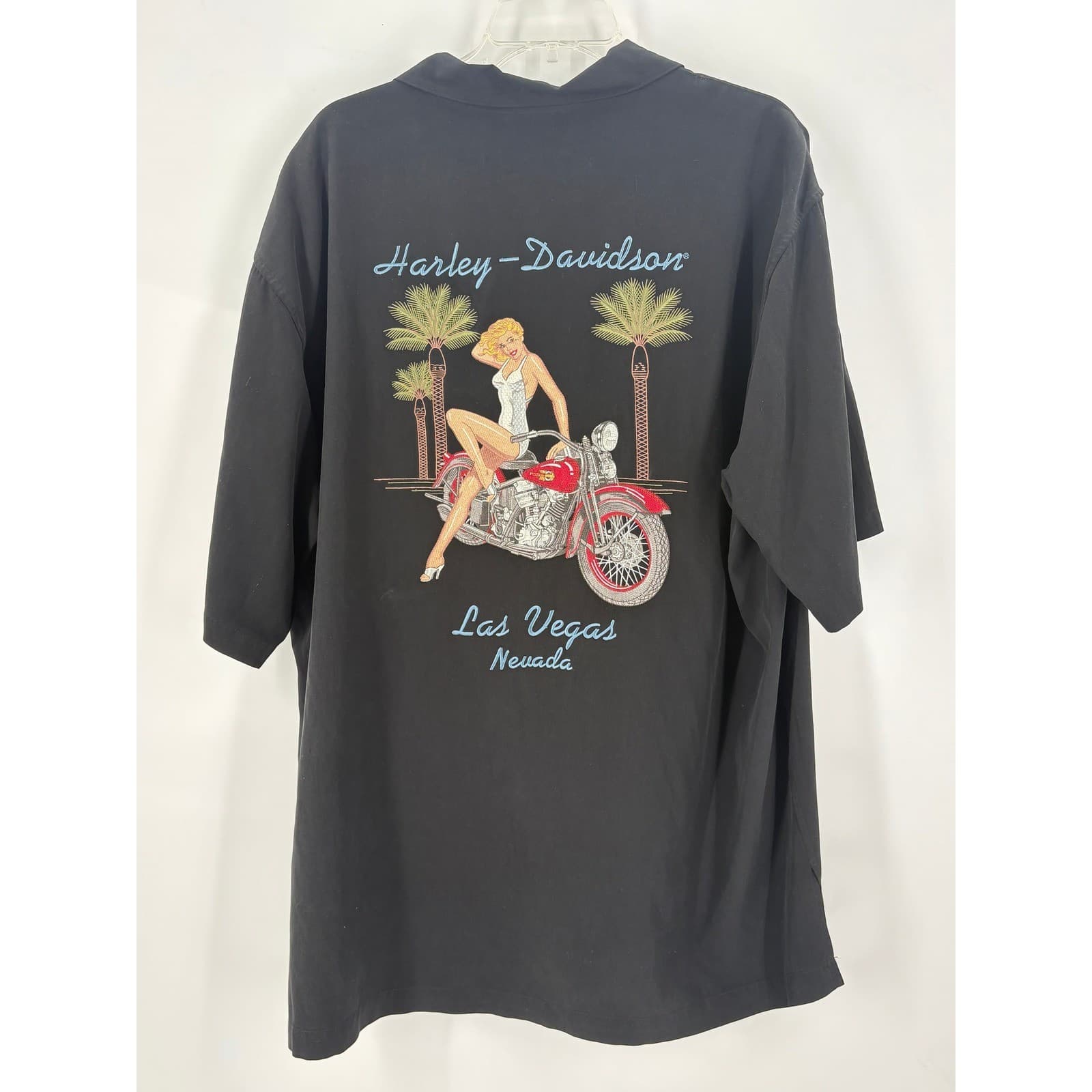 Harley Davidson Mens Las Vegas Nevada Embroidered Pinup Girl Shirt XL Silk Blend