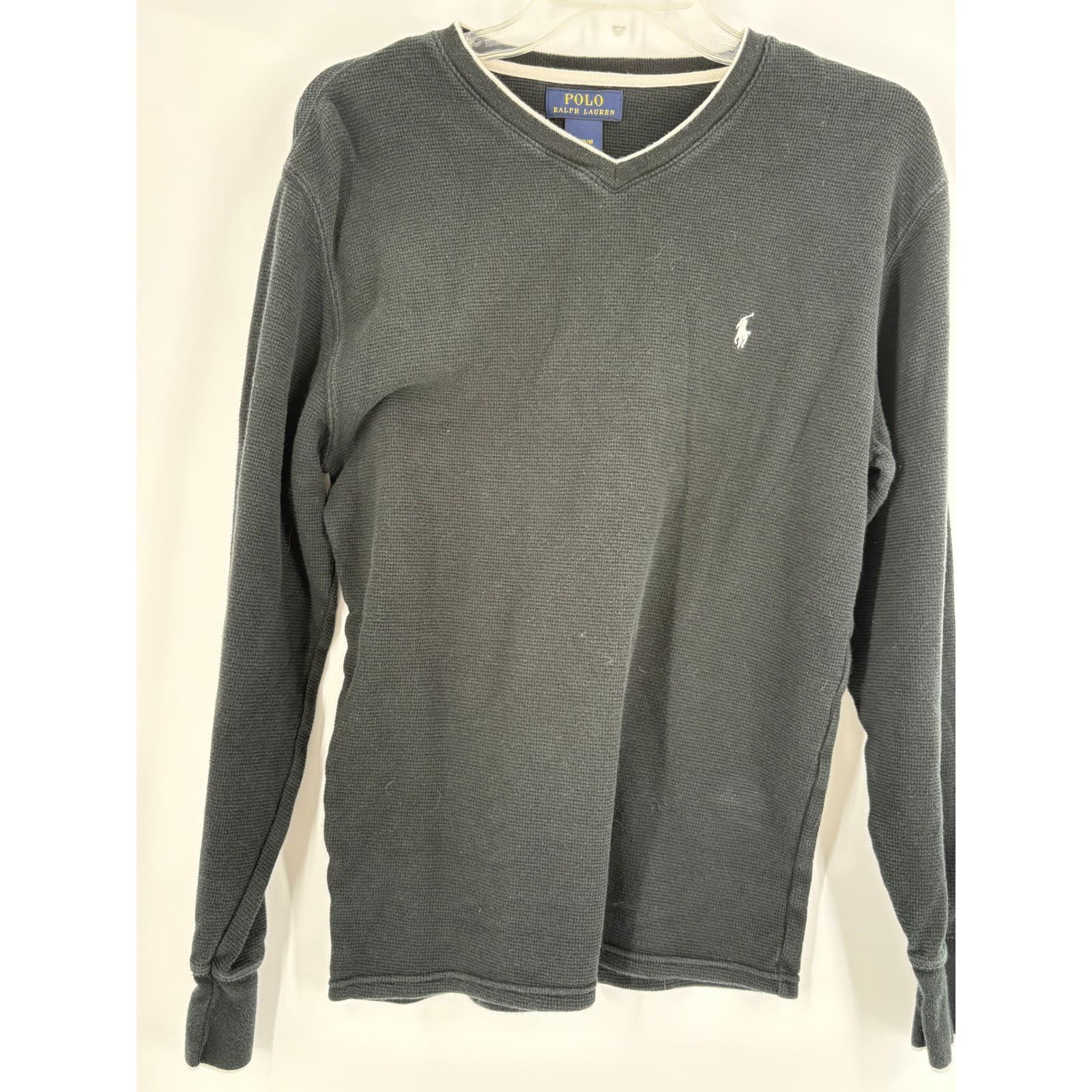 Polo Ralph Lauren Waffle Knit V Neck Long Sleeve Shirt Men's M Gray Cotton