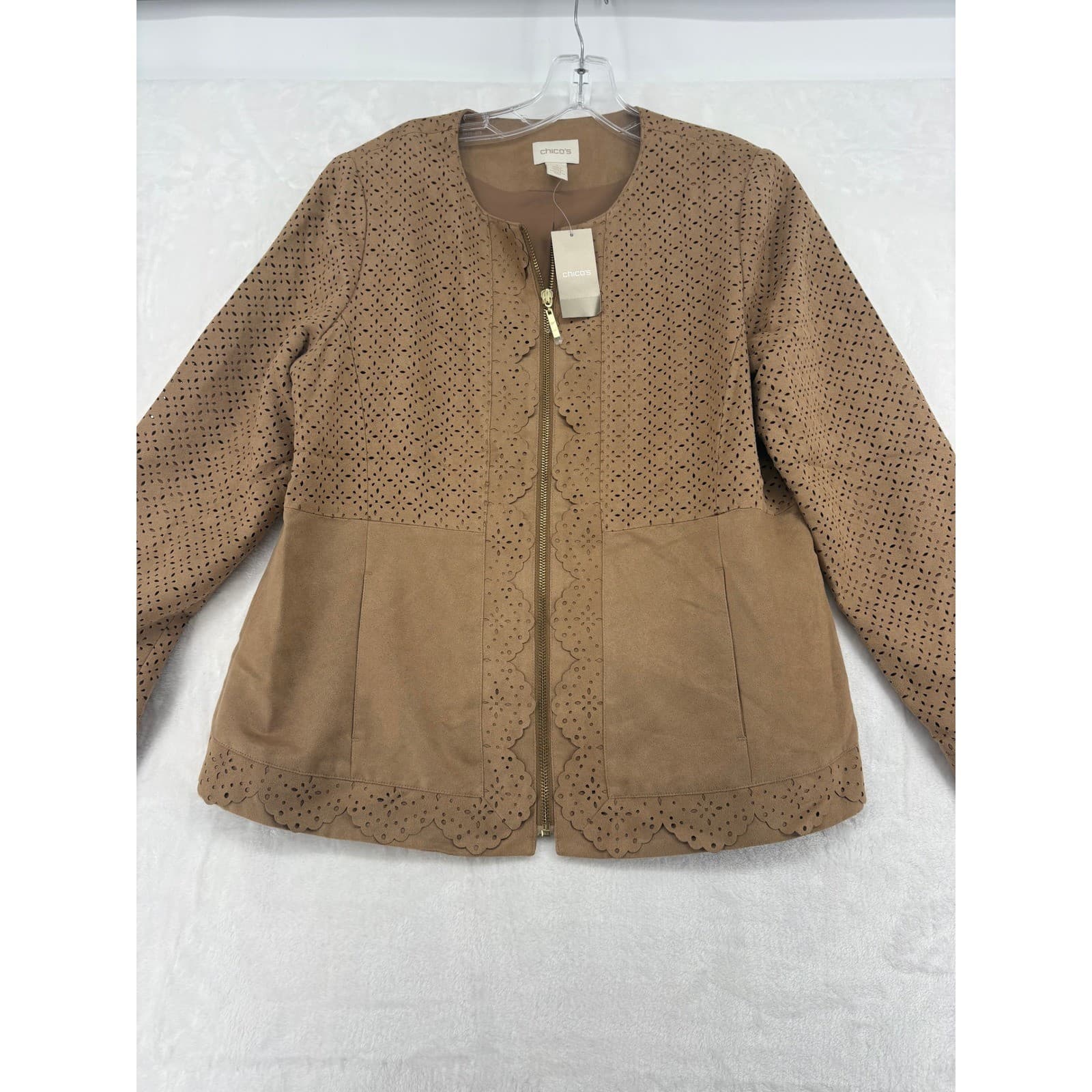 Chico's Faux Suede Jacket Womens 1 Medium Tan Perforated Scallop Zip 570155112