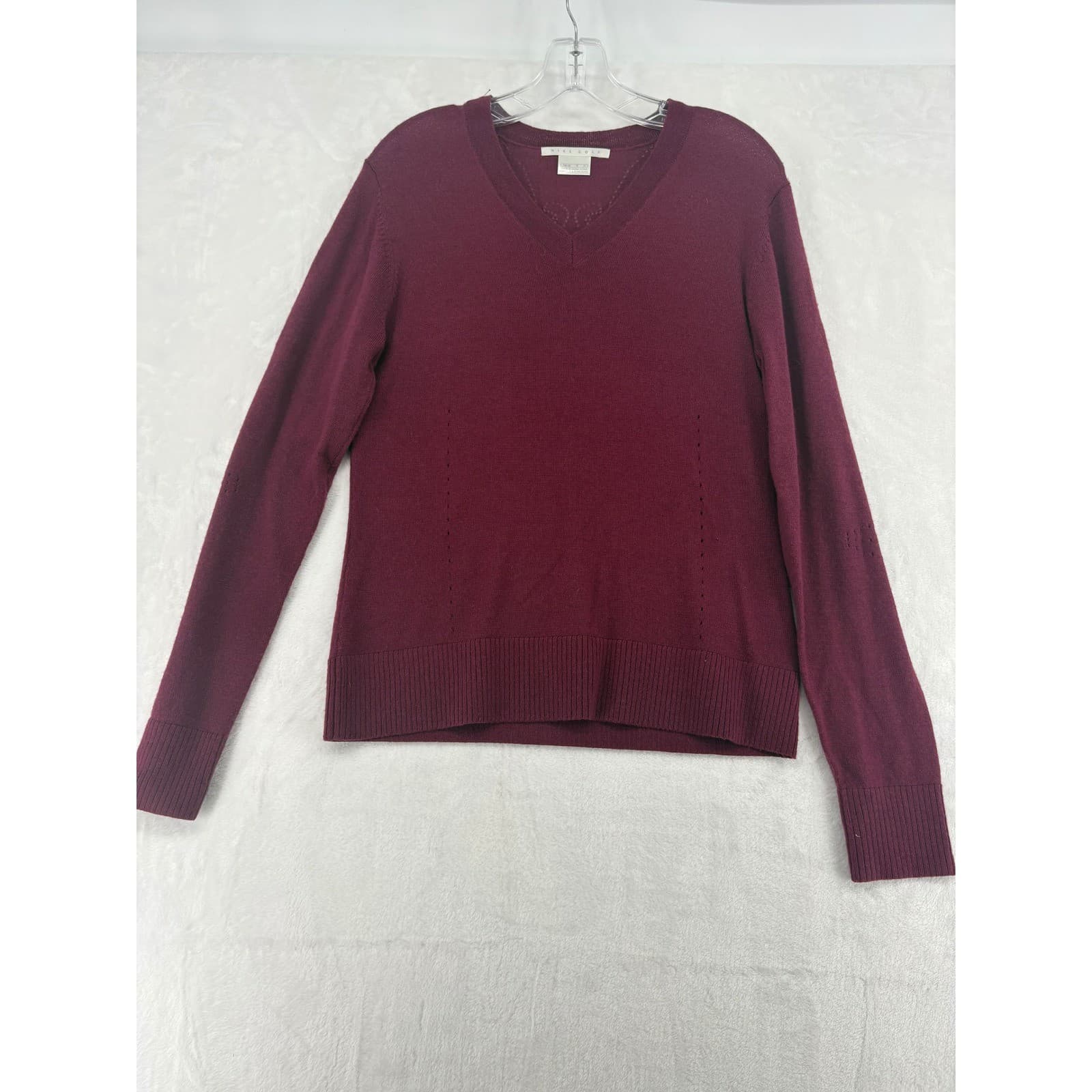 Nike Golf Sweater Womens M V-Neck Burgundy Pointelle Knit Long Sleeve