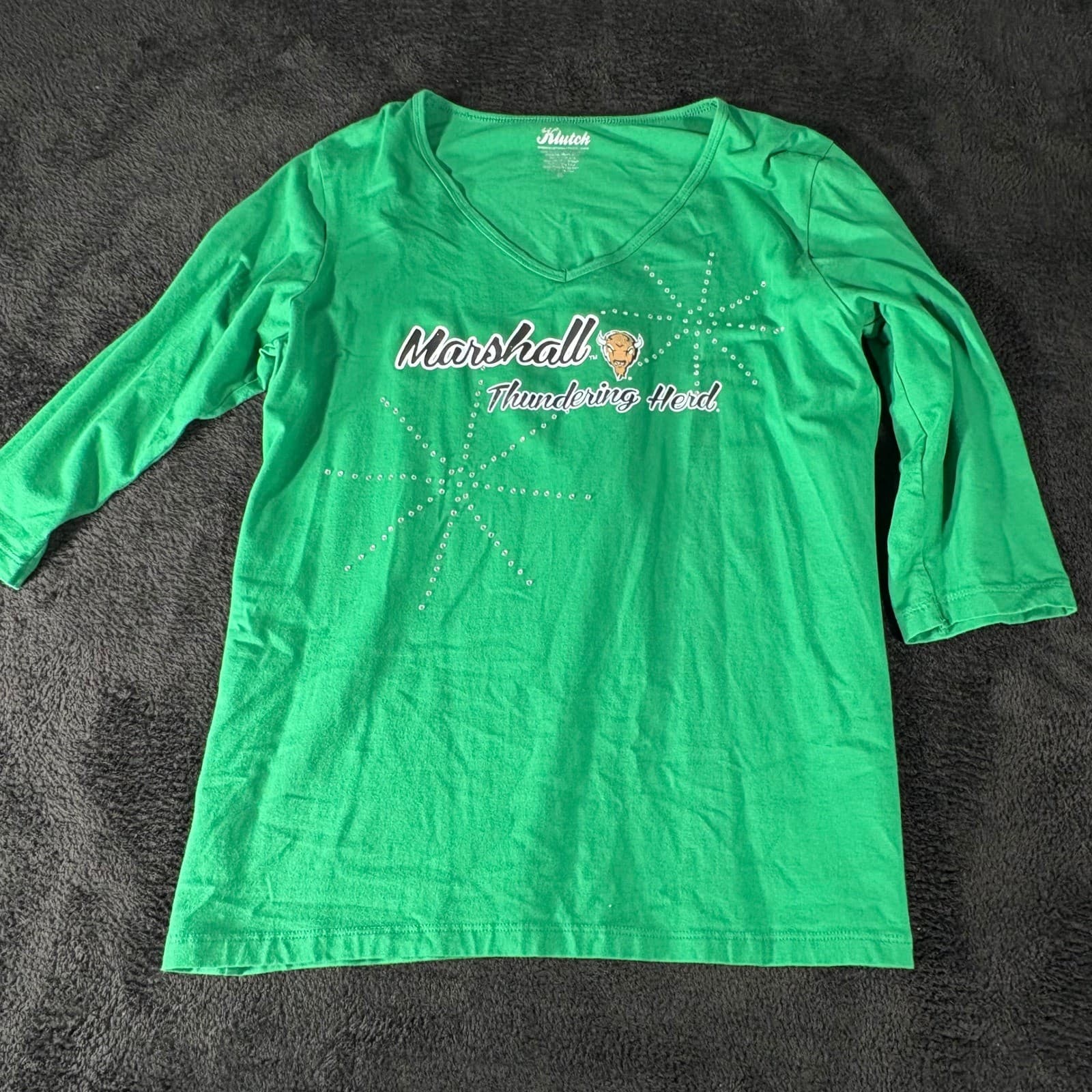 Klutch Marshall Thundering Herd Green Rhinestone V Neck Long Sleeve Top XL