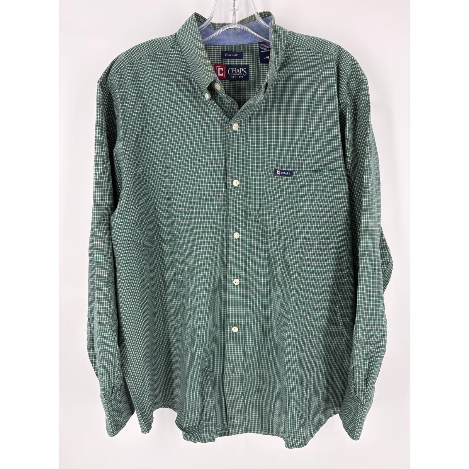 Chaps Mens Green Gingham Check Easy Care Button Down Shirt Long Sleeve Size L G