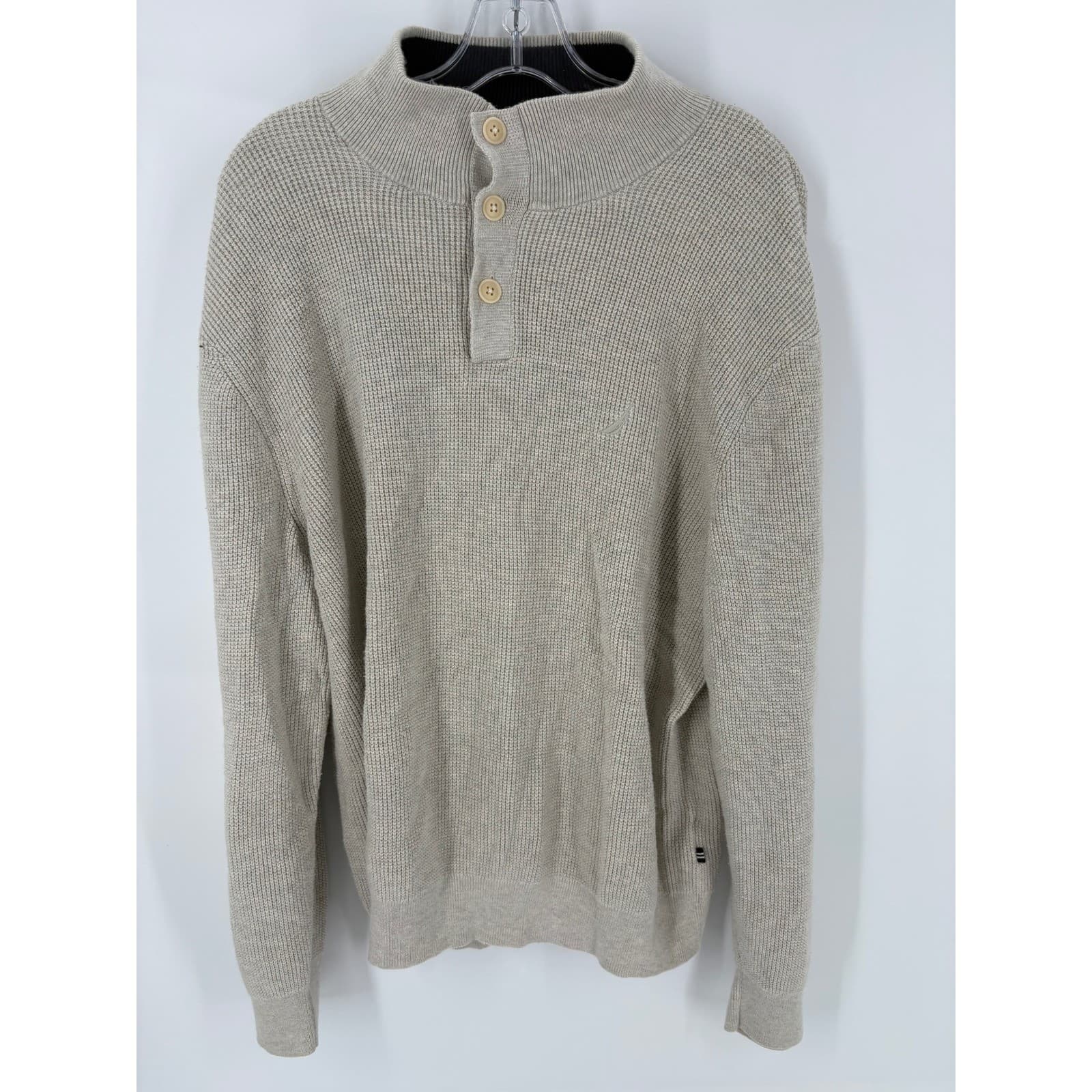 Nautica Mens Beige Waffle Knit Mock Neck Button Up Sweater XL