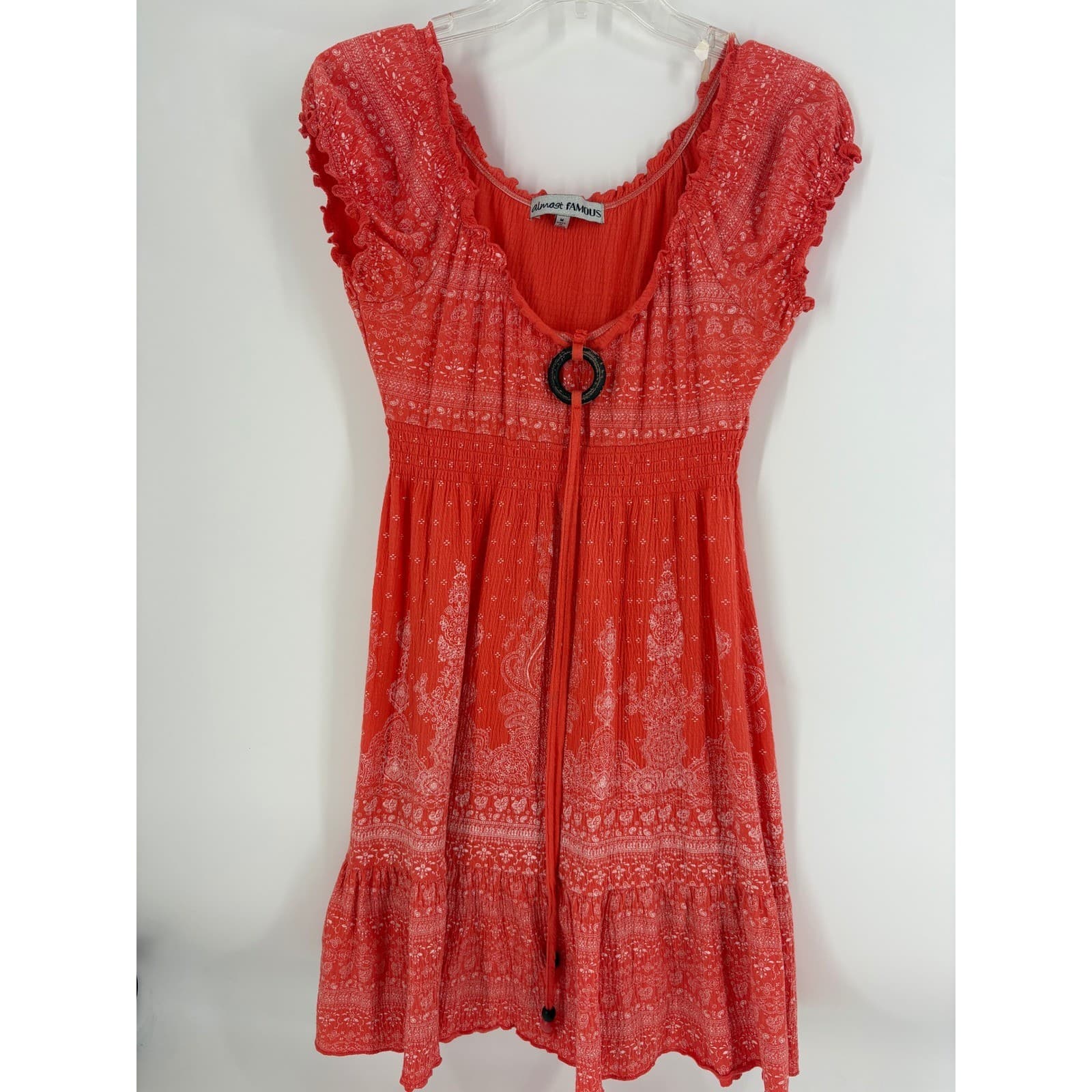 Almost Famous Orange Paisley Smocked Empire Waist Ruffle Tiered Dress M