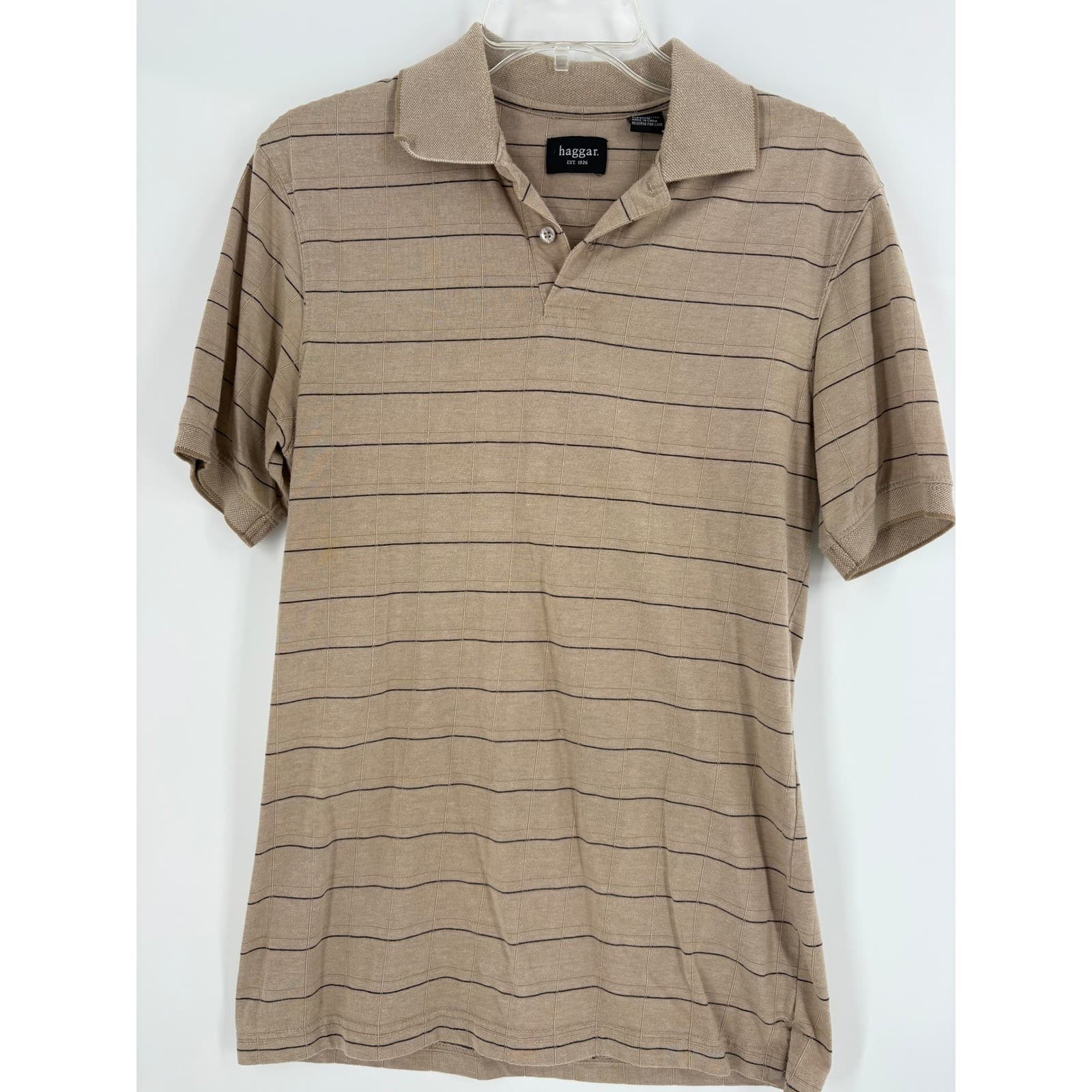 Haggar Mens Size S Short Sleeve Striped Polo Shirt Beige Black Casual Golf Top