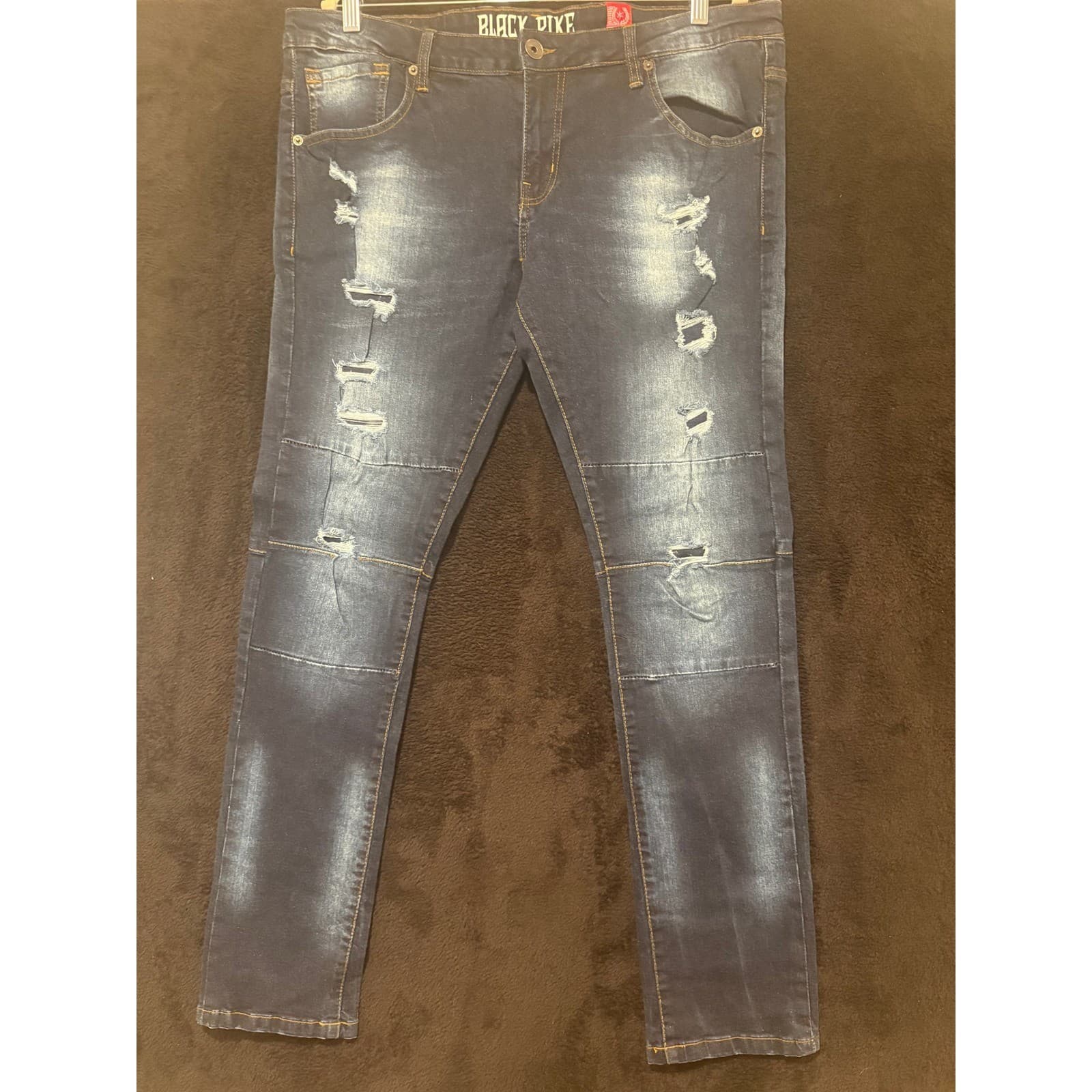 Black Dike Distressed Denim Jeans Slim Fit Moto Style Patches Mens Size 32x32
