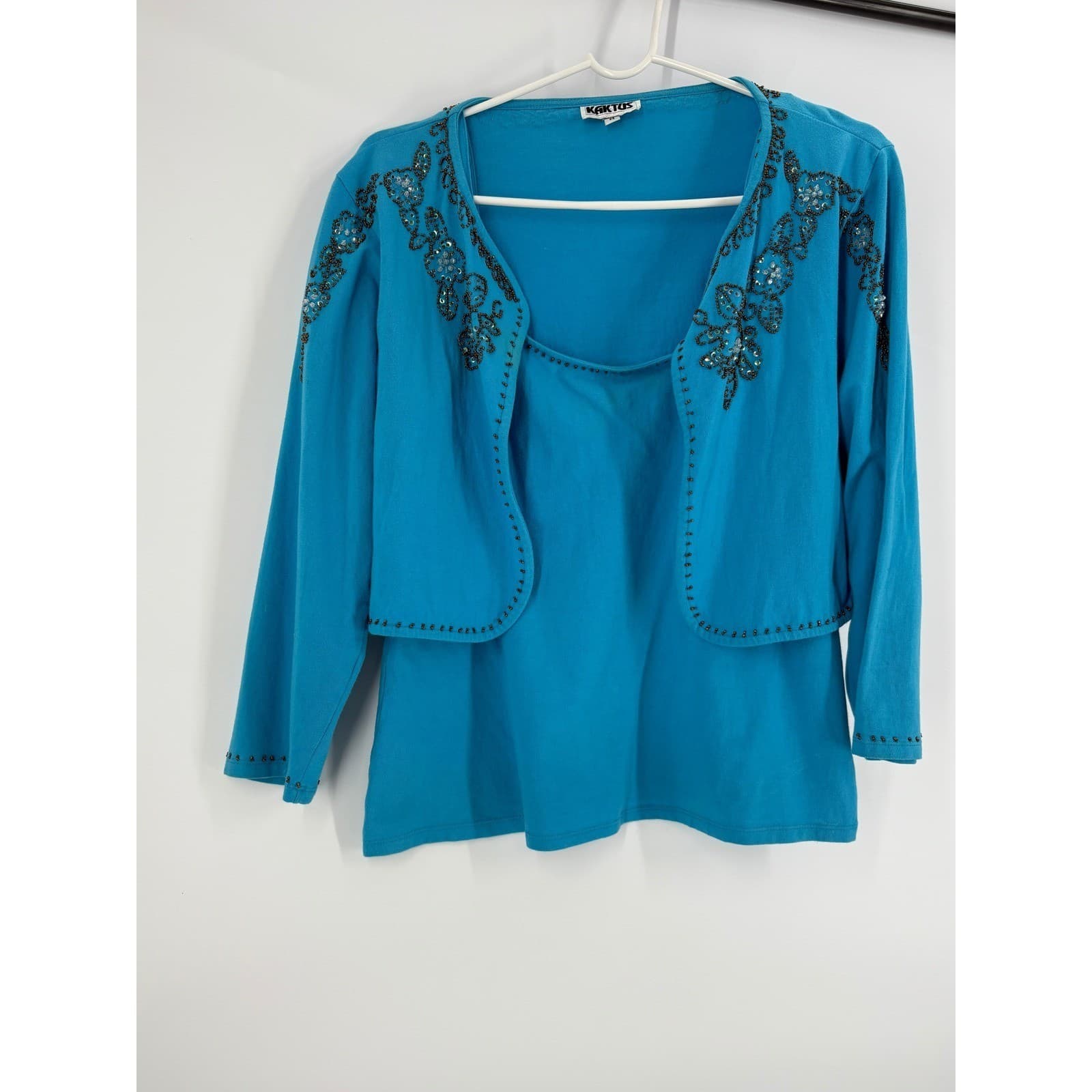 Kaktus Teal Blue Beaded Bolero Cardigan & Tank Top Set Women's Size M
