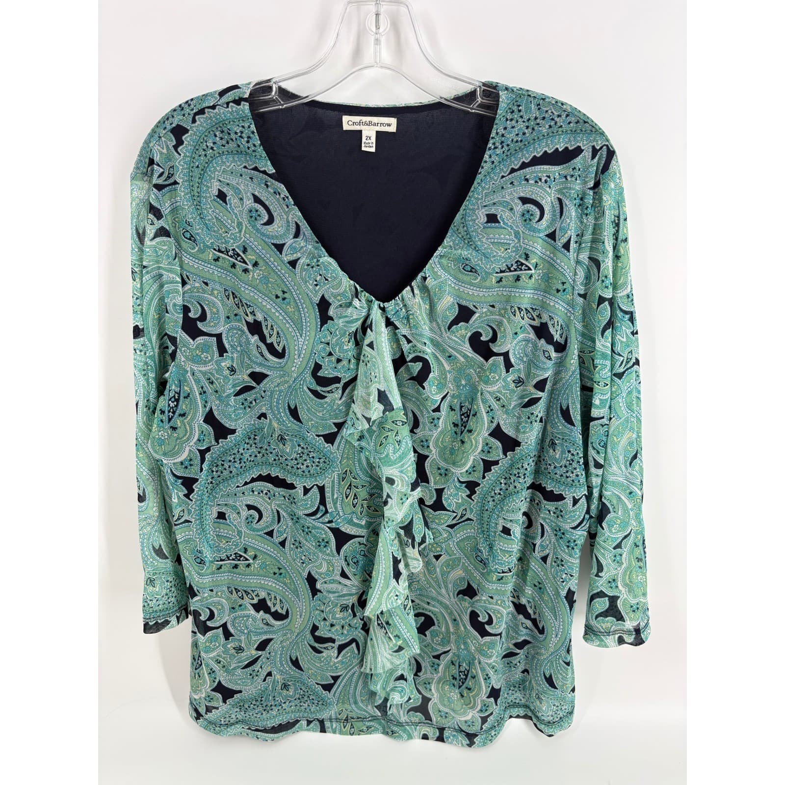 Croft & Barrow Womens 2X Paisley Print Ruffle V Neck Long Sleeve Blouse Top