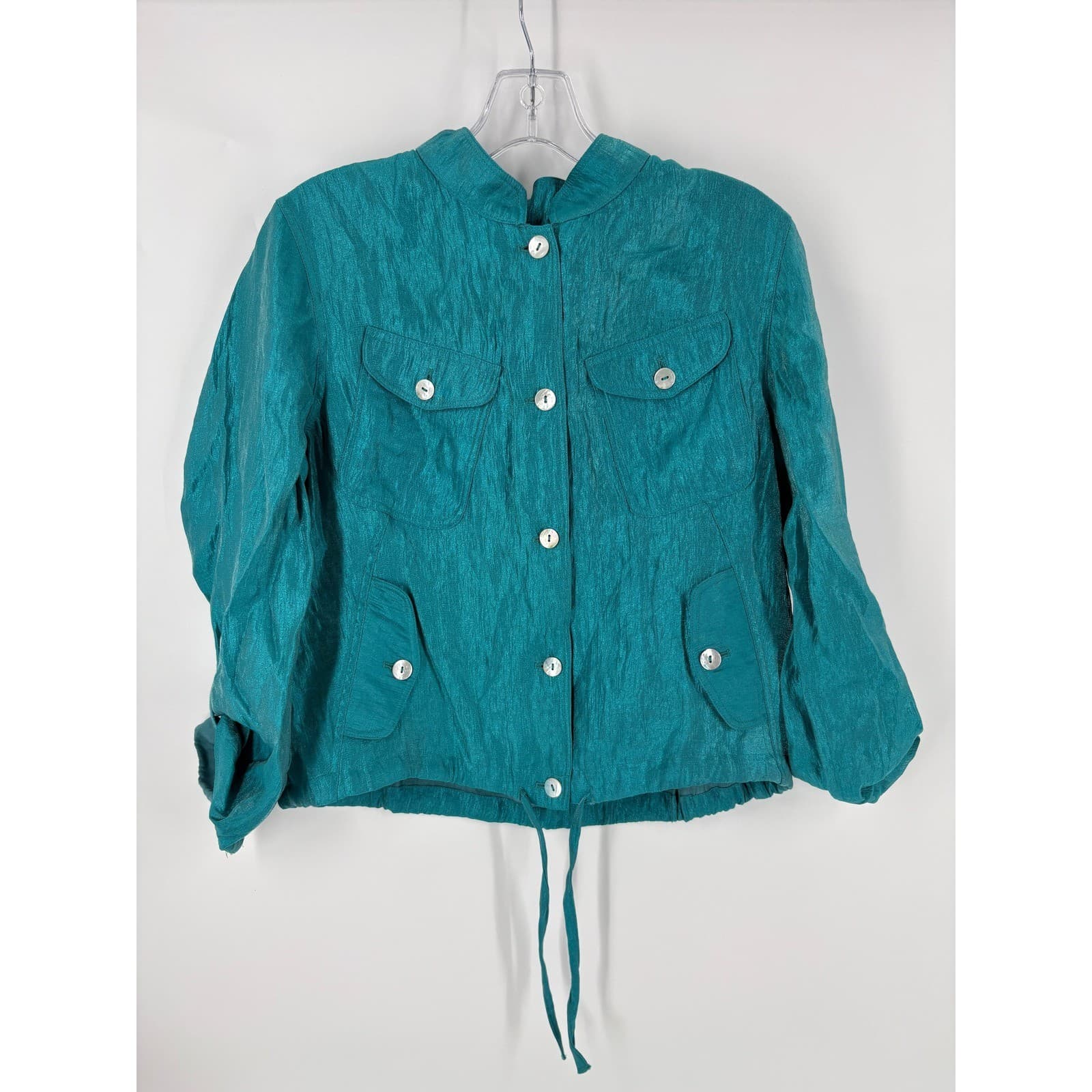 NOB Designer Teal Textured Cropped Jacket Mandarin Collar Drawstring Waist M