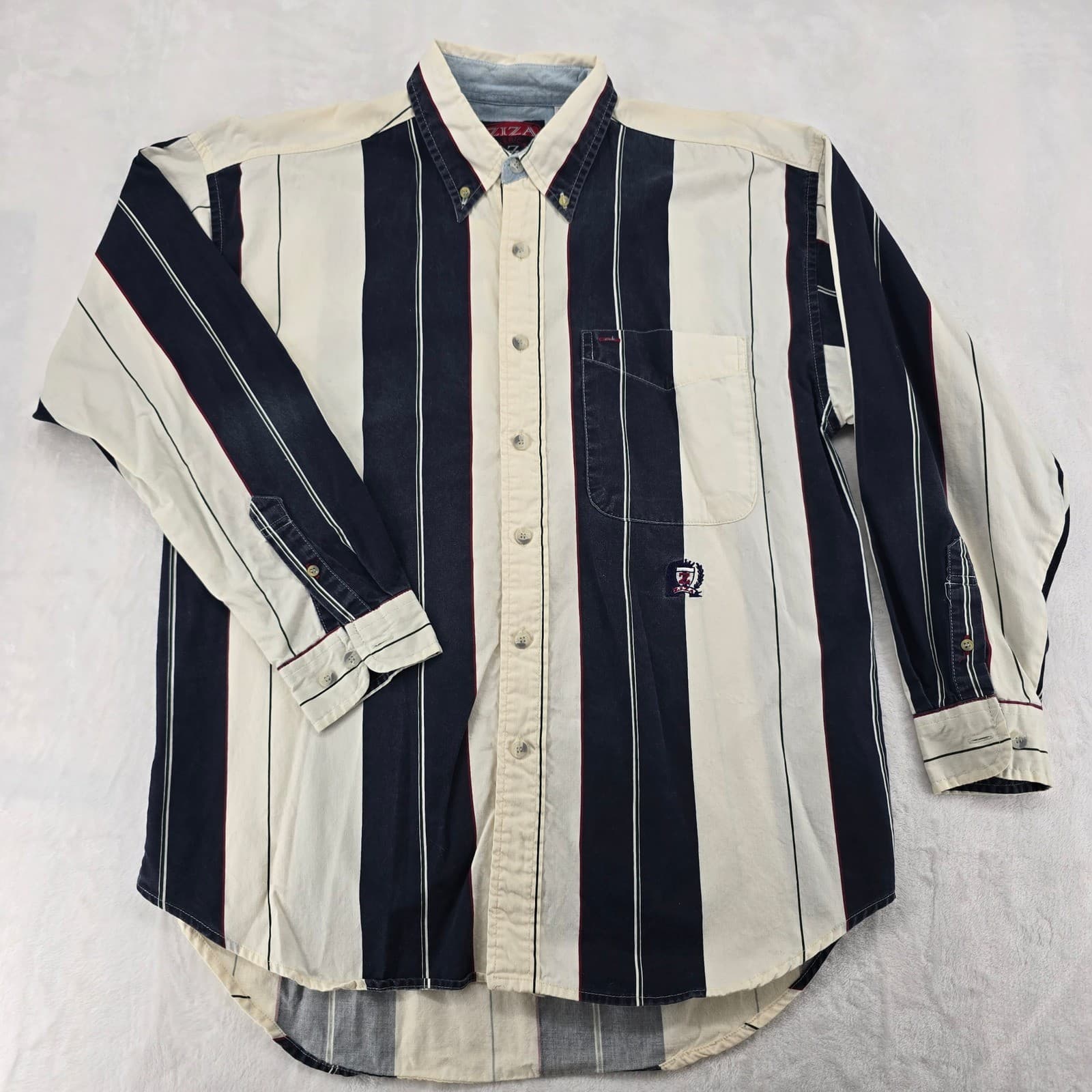 Ziza Button Down Mens M Shirt Navy Cream Striped Long Sleeve Cotton Logo
