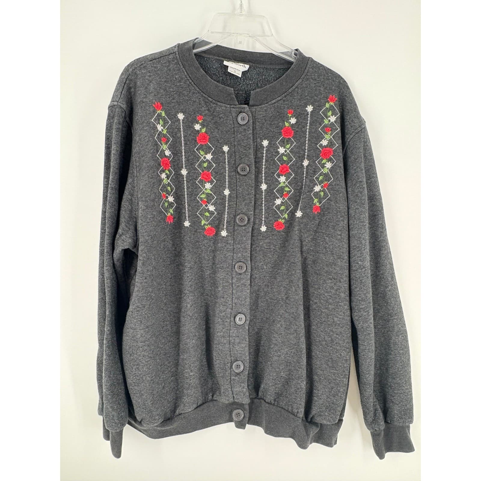 Bon Worth Womens Medium Embroidered Button Front Sweatshirt Gray Floral