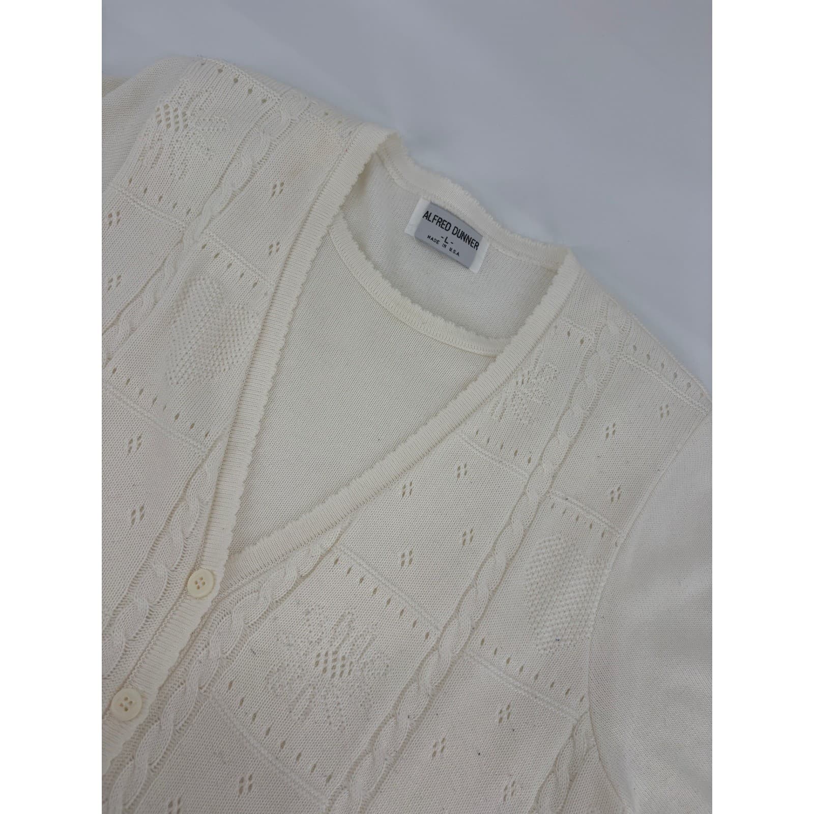 Alfred Dunner Cream Knit Cardigan Top Short Sleeve Womens Large USA Made