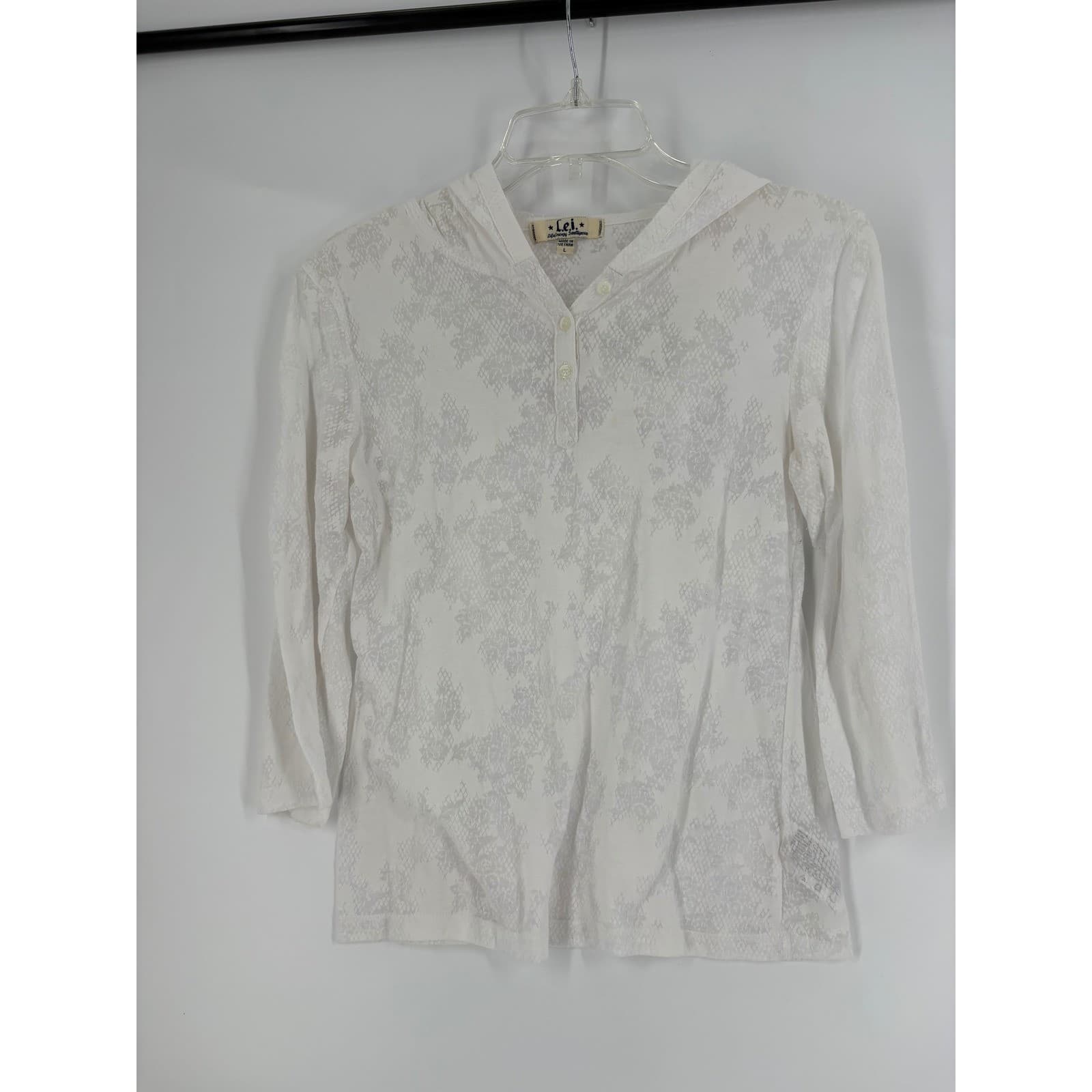 LEI Women's White Floral Print Hooded Lightweight Pullover Top Size L