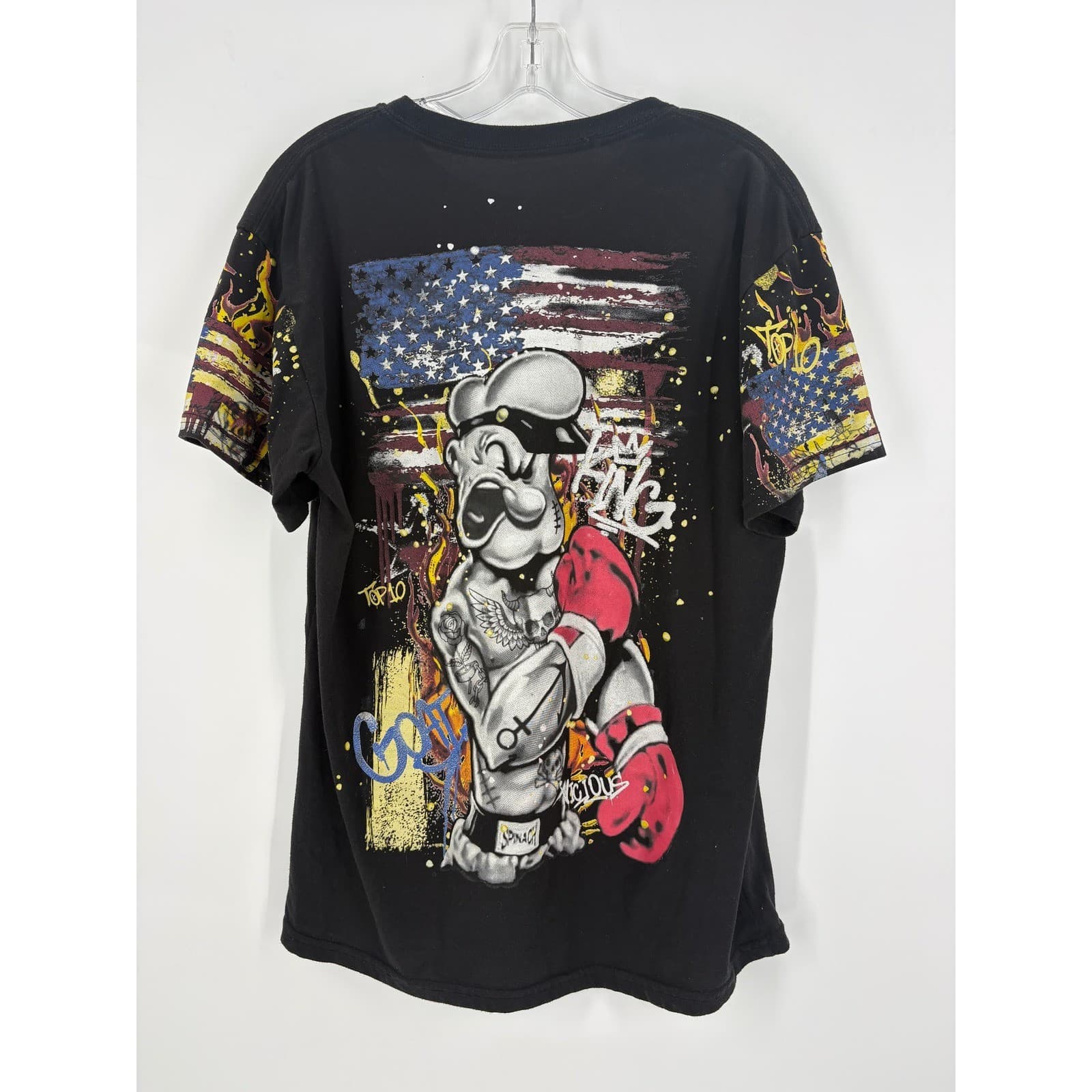 Popeye Graphic T Shirt Black Mens Large Boxing American Flag Cartoon Tee