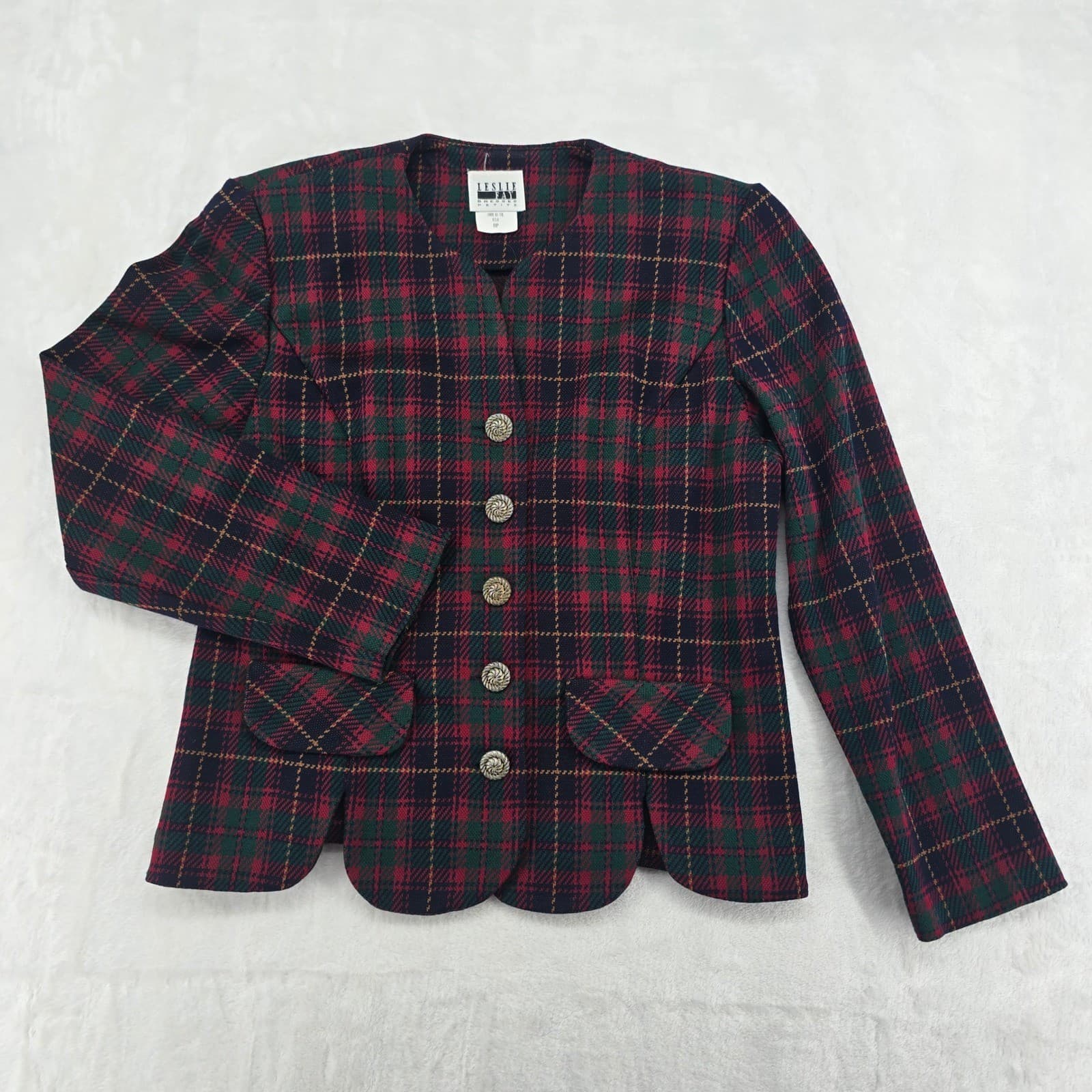 Leslie Fay Blazer Womens 8P Blazer Red Green Plaid Scalloped Hem Vintage USA
