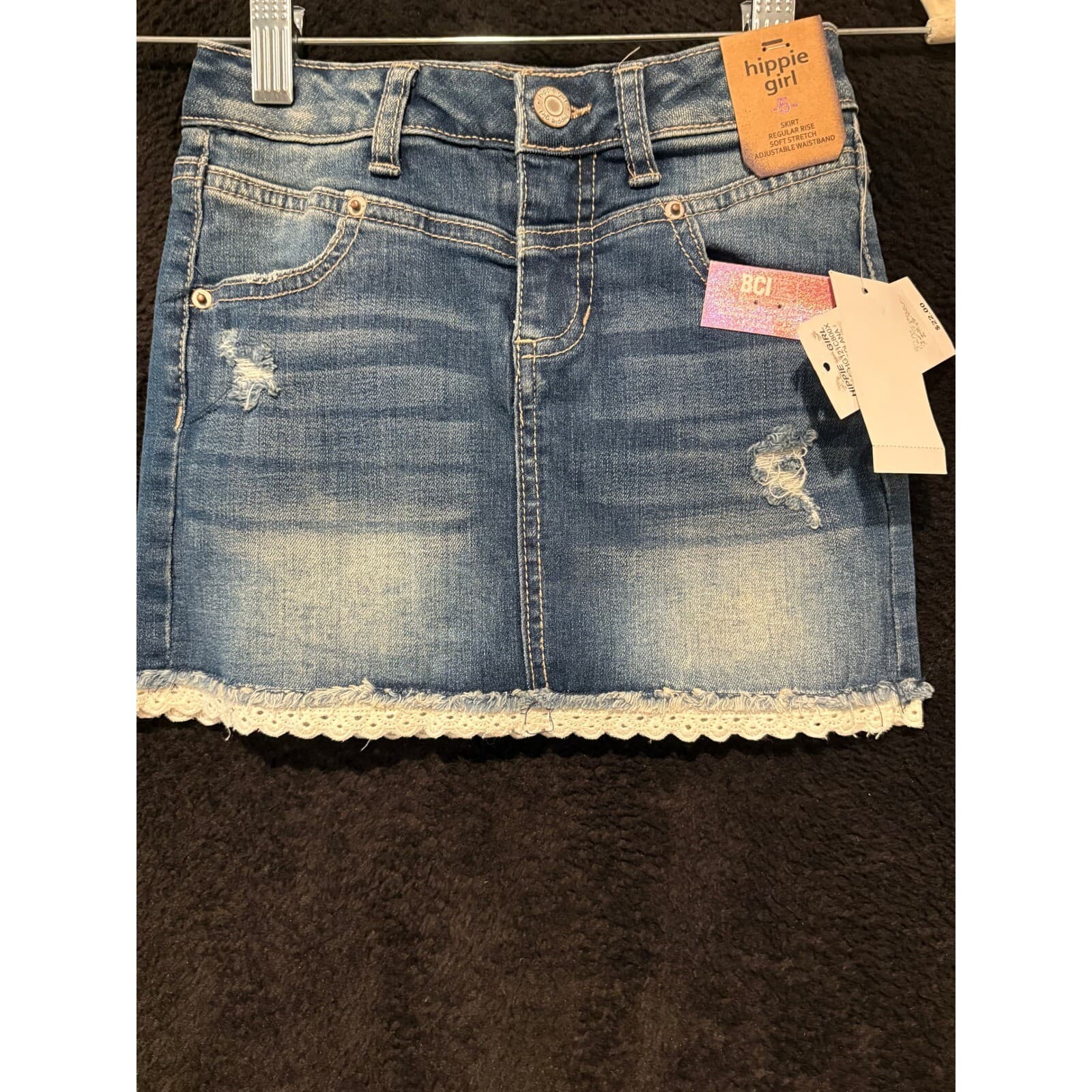 Hippie Girl Skirt Girls 5 Blue Denim Distressed Lace Trim Adjustable NWT 5