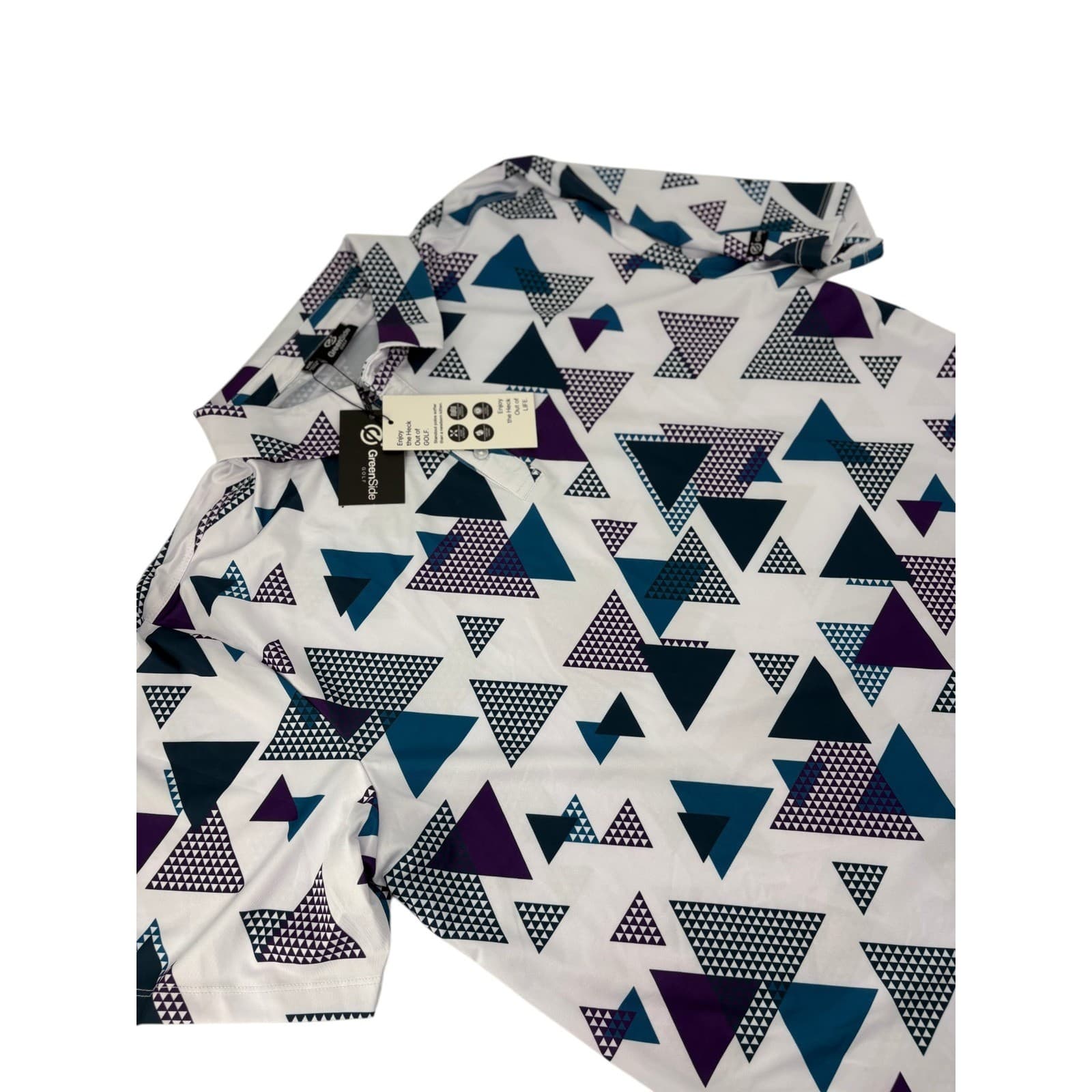 GreenSide Golf Polo Mens XXL Shirt White Purple Teal Geometric Triangle Print