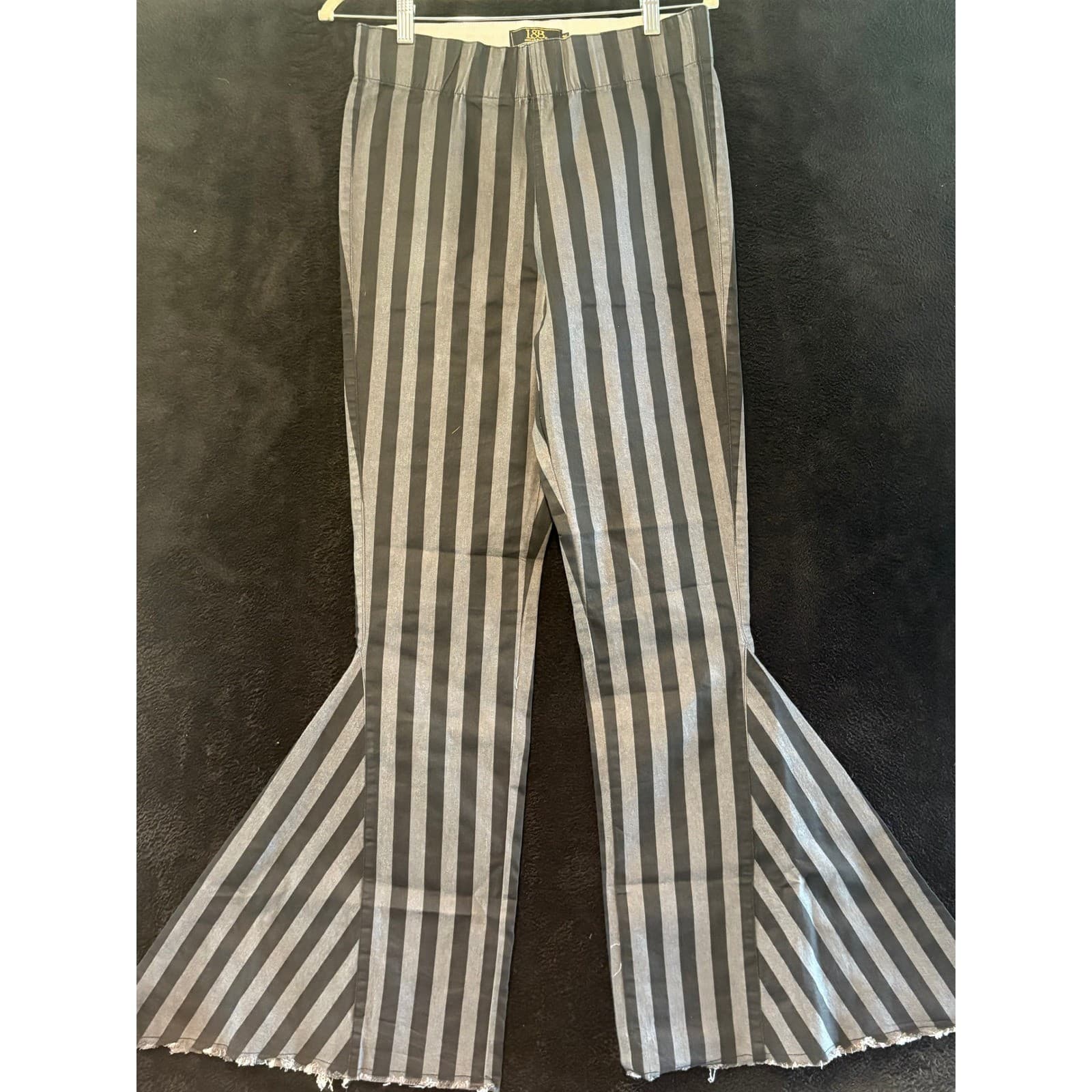 Lucky & Blessed Women's Flare Pants Striped Medium Gray Distressed Hem