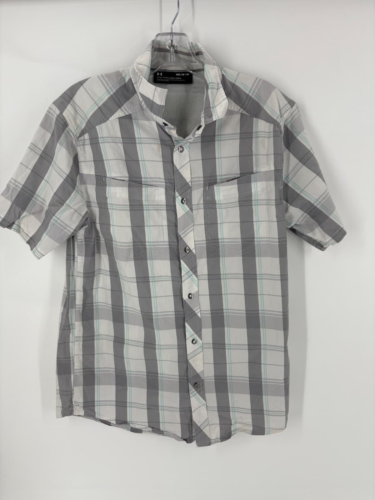 Under Armour Men’s M Fitted Plaid Snap Button Shirt Gray Outdoor Fishing