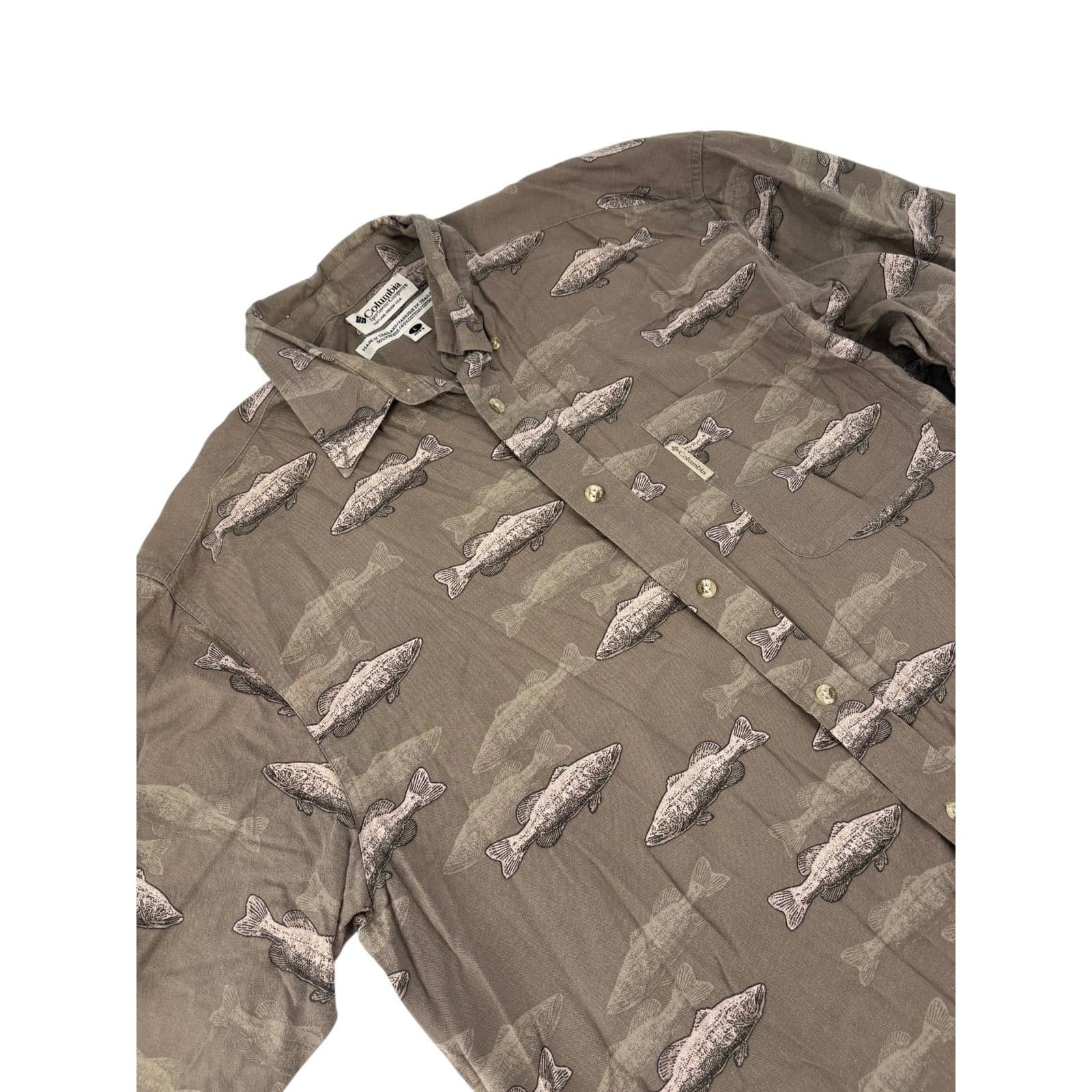 Columbia Shirt Mens L Button Down Brown Fish Print Short Sleeve Viscose Cotton