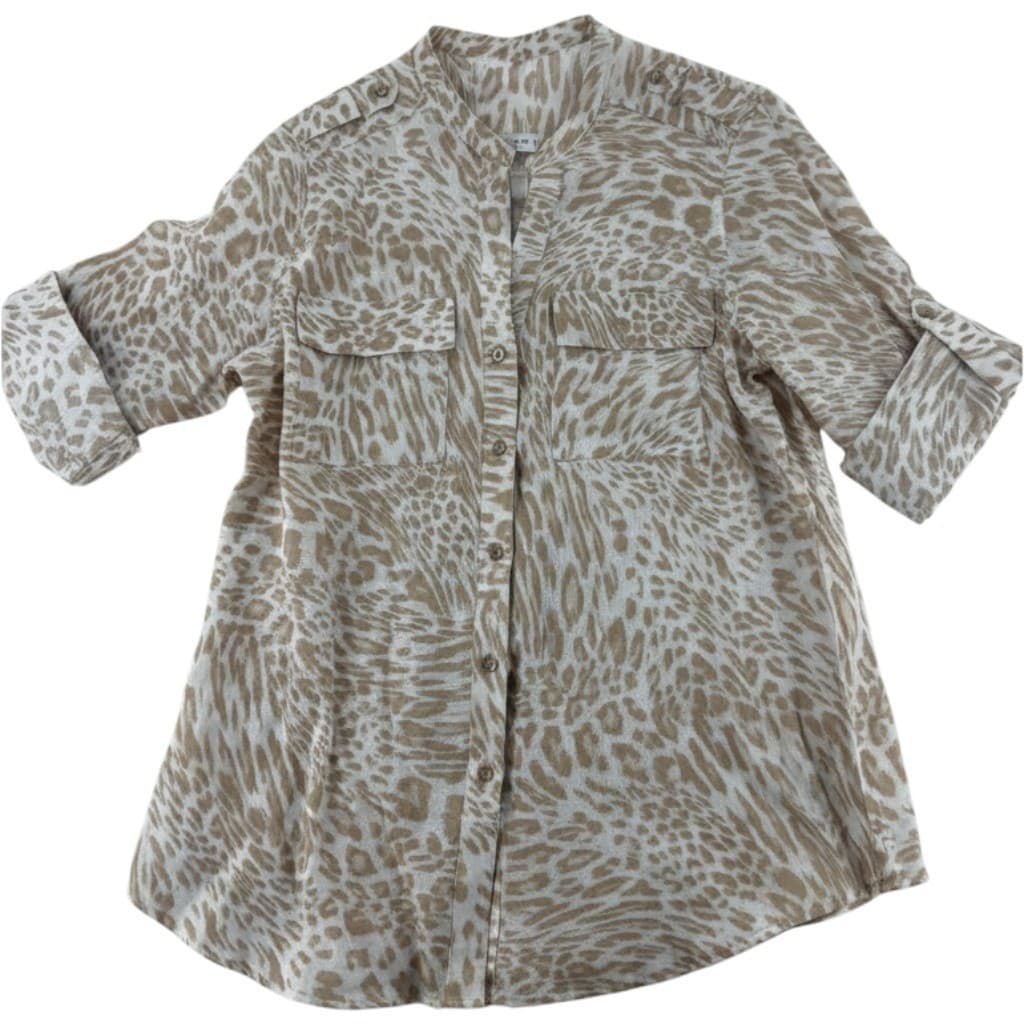 Calvin Klein Shirt Womens Large Button Up Tan Animal Print Linen Utility Top