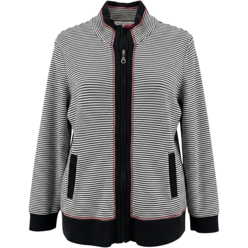 Drapers & Damons Zip Up Cardigan Womens L Sweater Black White Striped Red Trim
