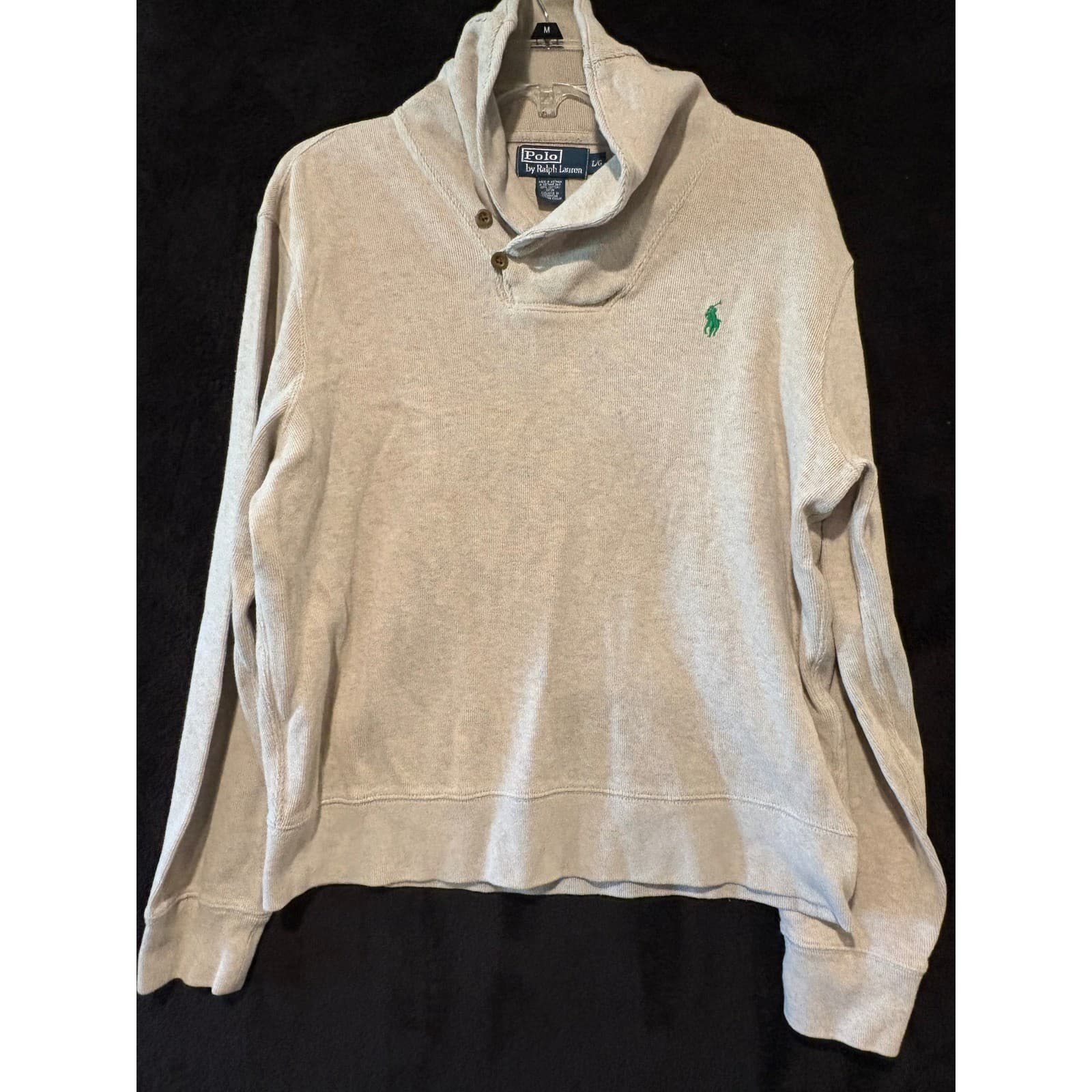 Polo Ralph Lauren Shawl‑Collar Pullover Sweater Large Cotton Oatmeal Green Pony