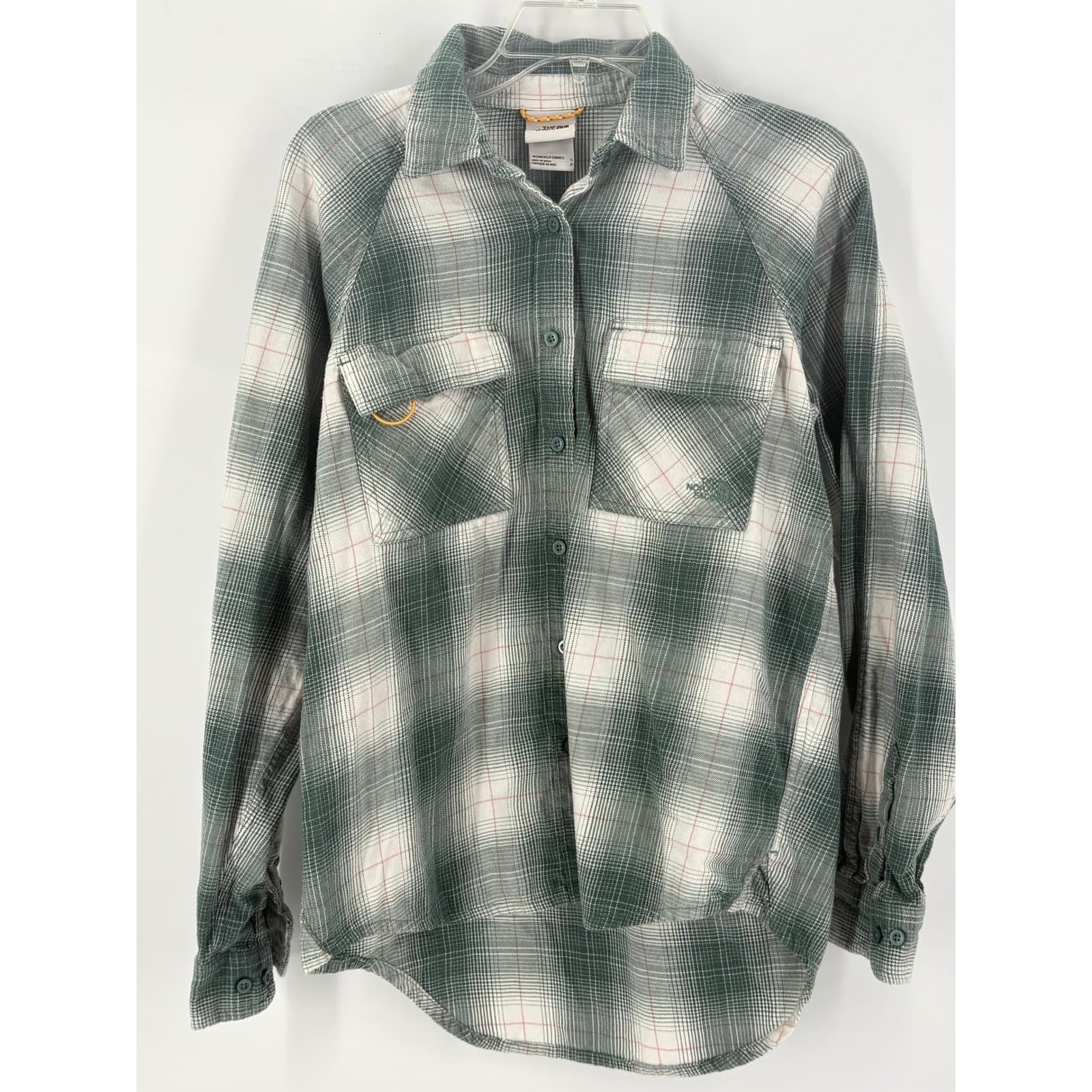 The North Face Womens Plaid Flannel Button Up Shirt Green Pink Size S
