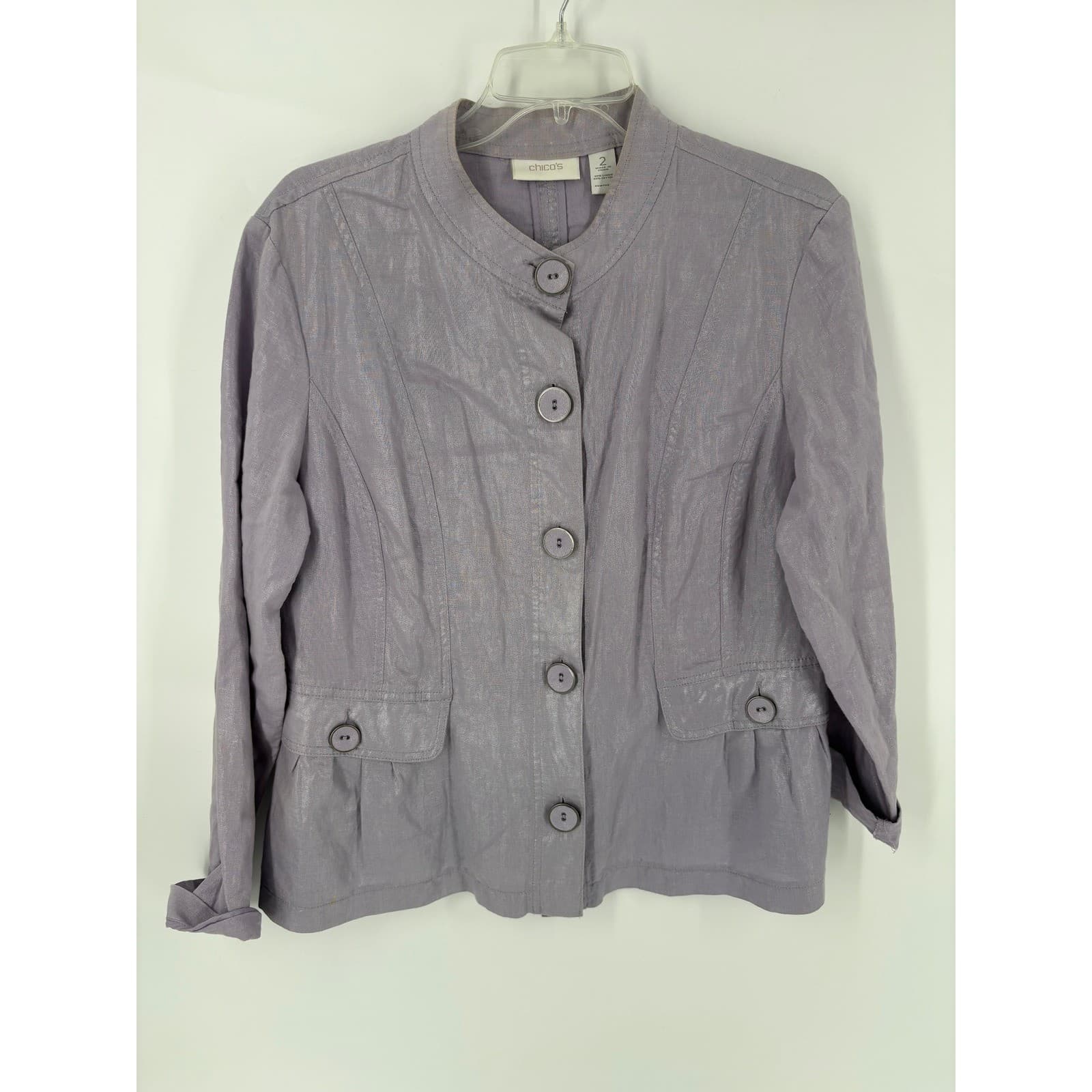 Chicos Linen Blend Cropped Jacket Lavender Button Front Collarless Size 2
