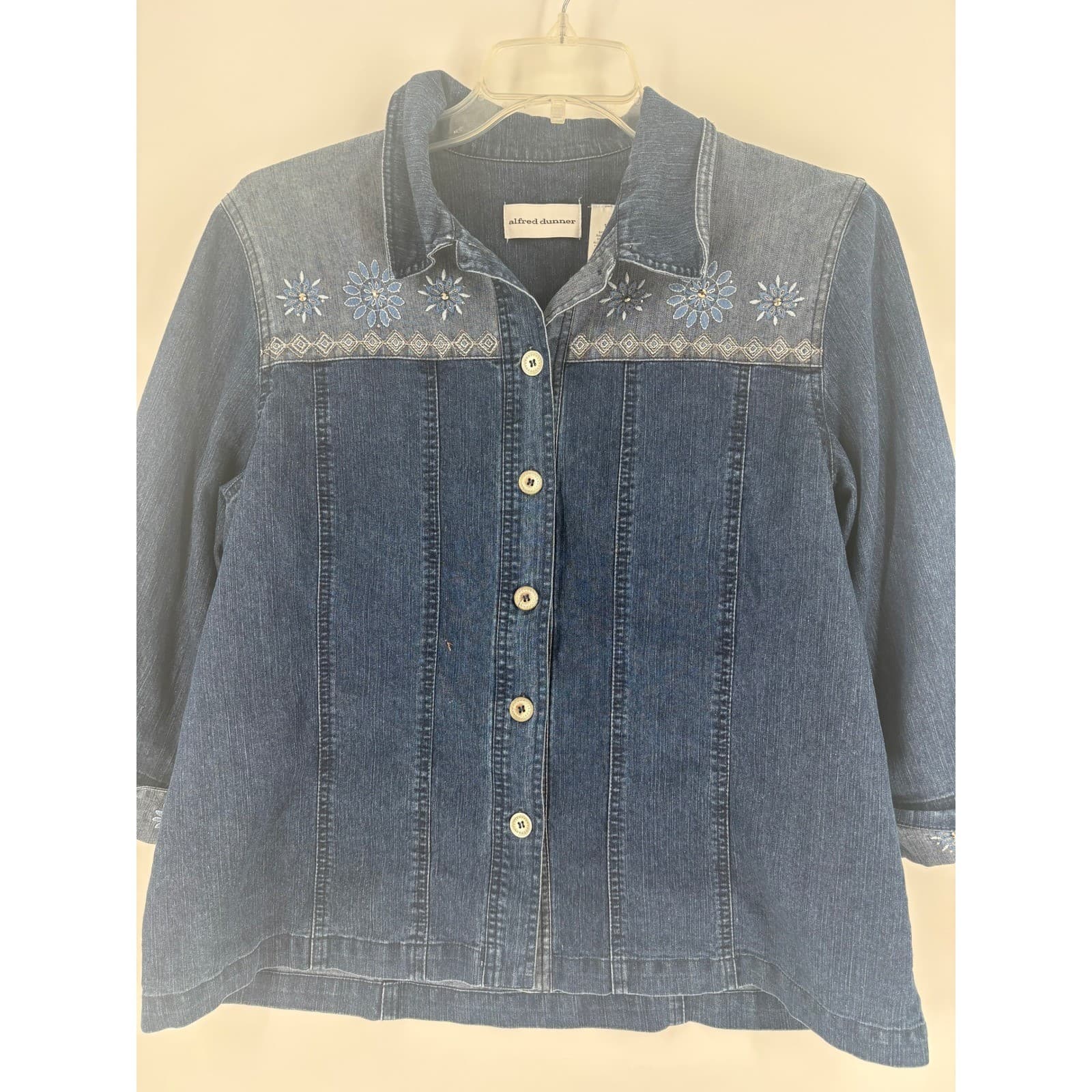 Alfred Dunner Denim Jacket Womens 16 Blue Embellished 3/4 Sleeve Button Up