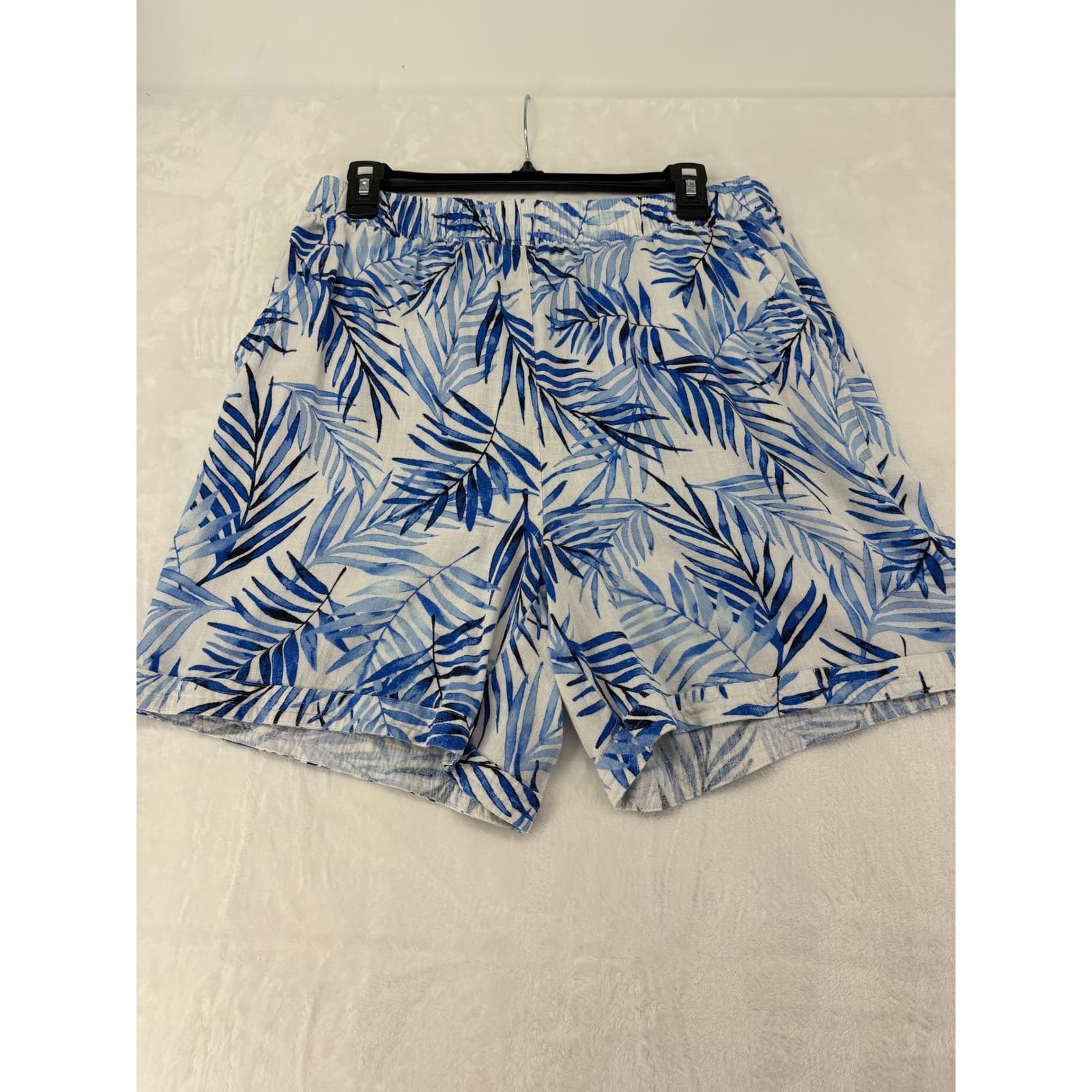 Kim Rogers Shorts Womens Sz M Pull-on Blue Tropical Palm Leaf Print Linen Blend