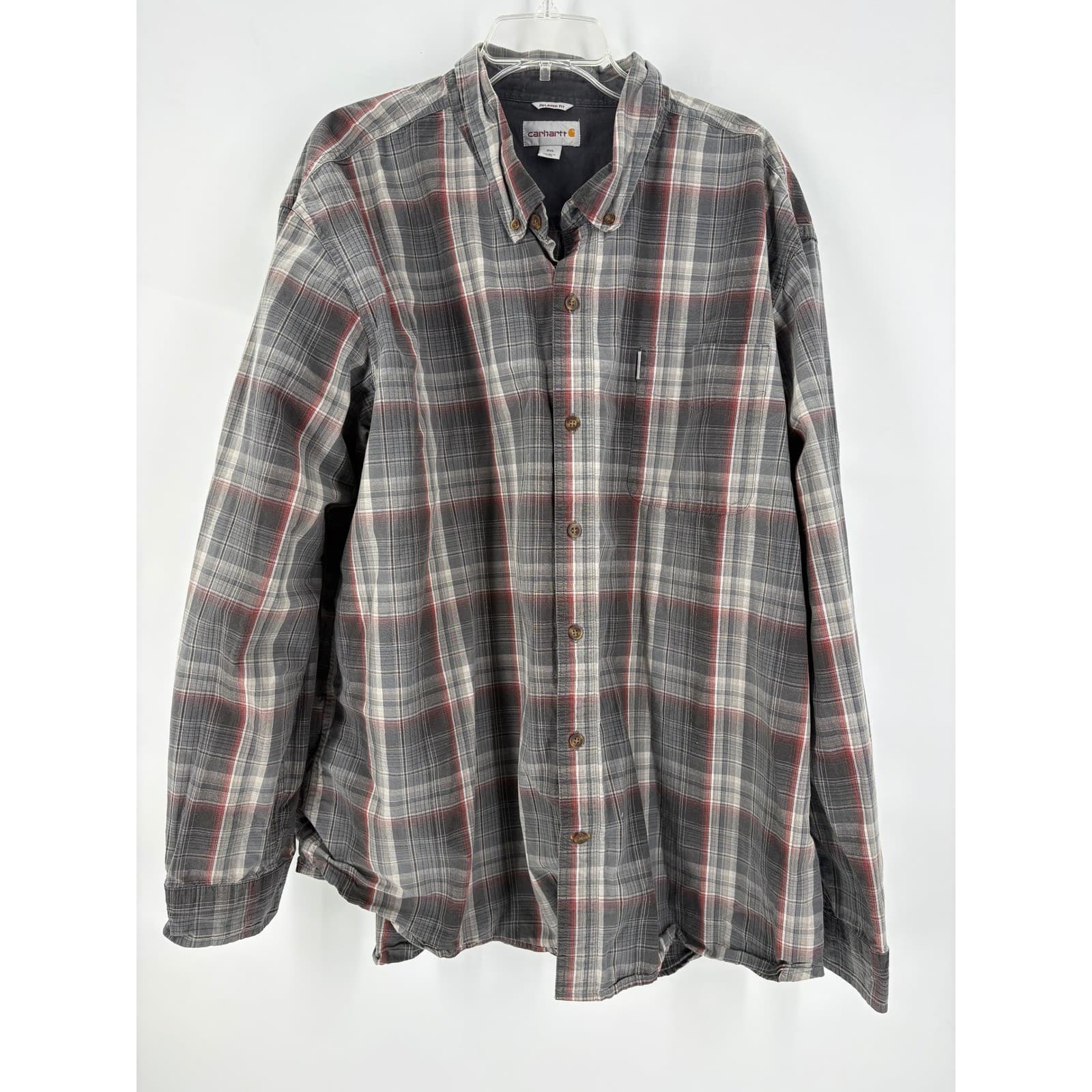Carhartt Mens 3XL Relaxed Fit Plaid Long Sleeve Button Up Shirt Gray Red
