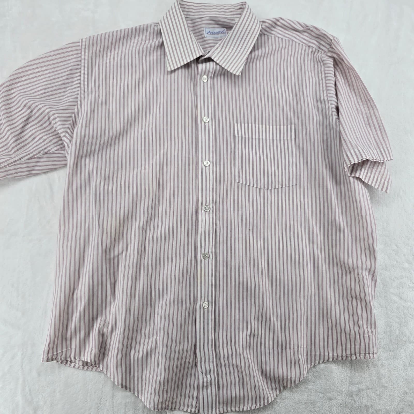 Manhattan Button Down Mens 17-17.5 Shirt White Burgundy Striped Short Sleeve