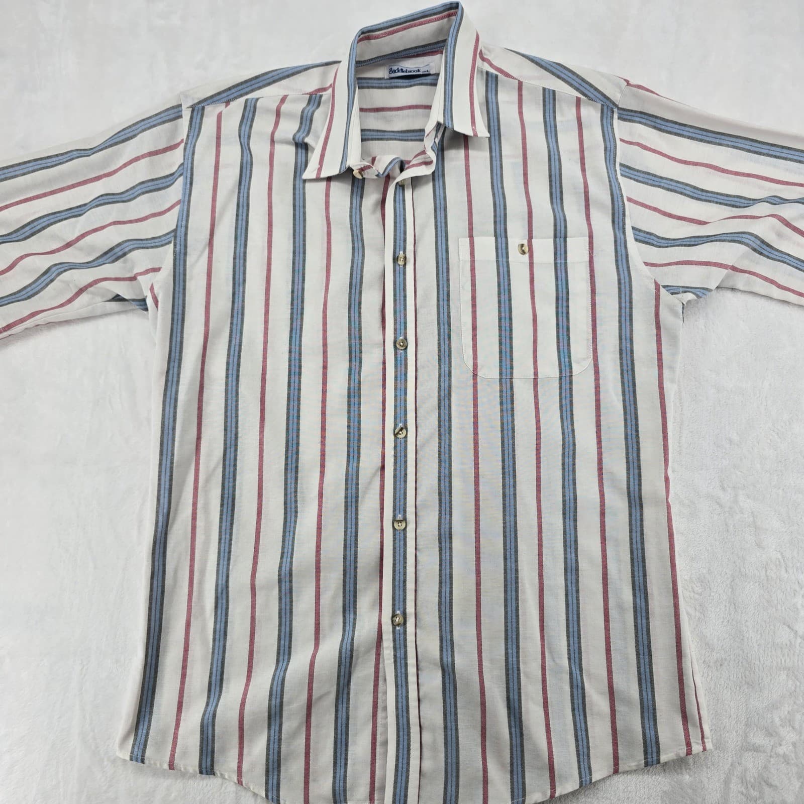 Saddlebrook Button Down Mens Size L Shirt White Blue Red Striped Short Sleeve