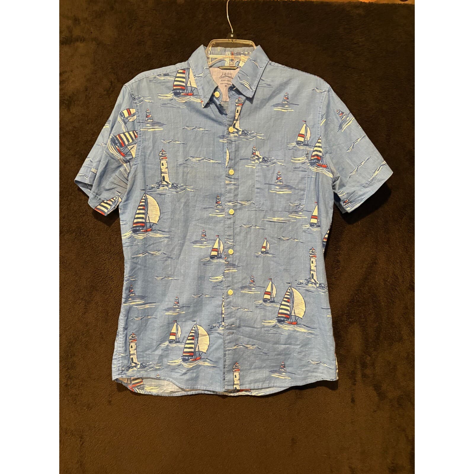 IZOD Saltwater Sailboat Print Button Up Short Sleeve Shirt Relaxed M