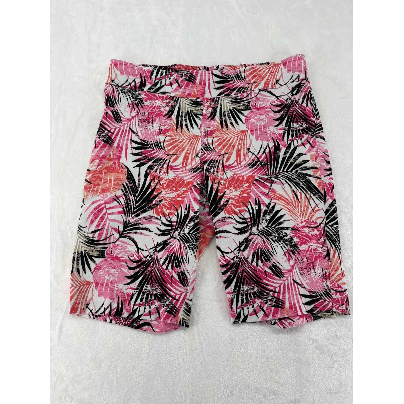 N Touch Bermuda Shorts Womens 10 Shorts Pink Tropical Palm Leaf Print Stretch