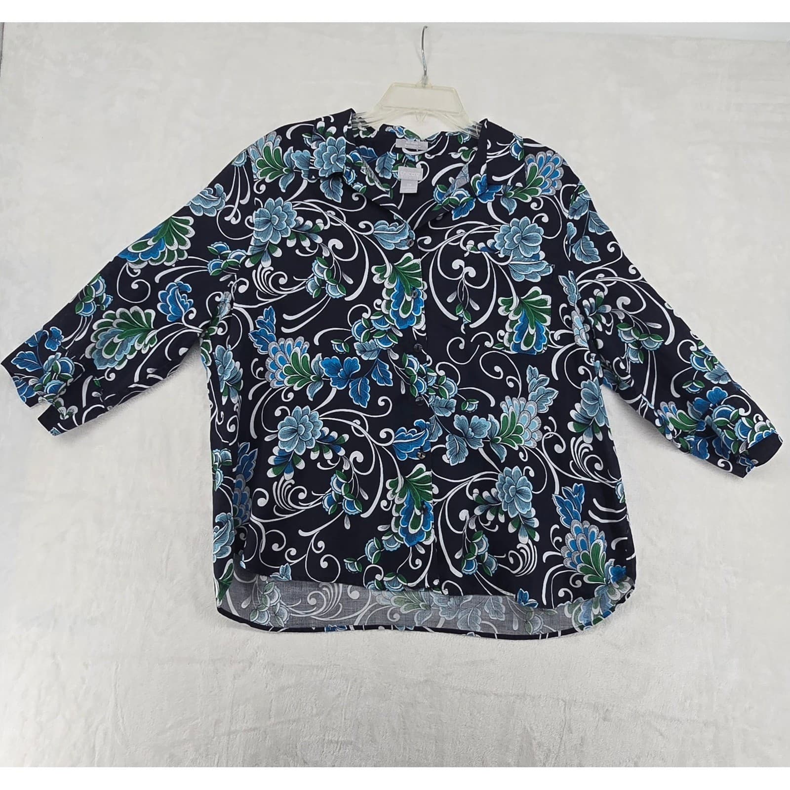 Chico's Linen Shirt Womens 3P Button Up Navy Blue Floral No-Iron FreshChic