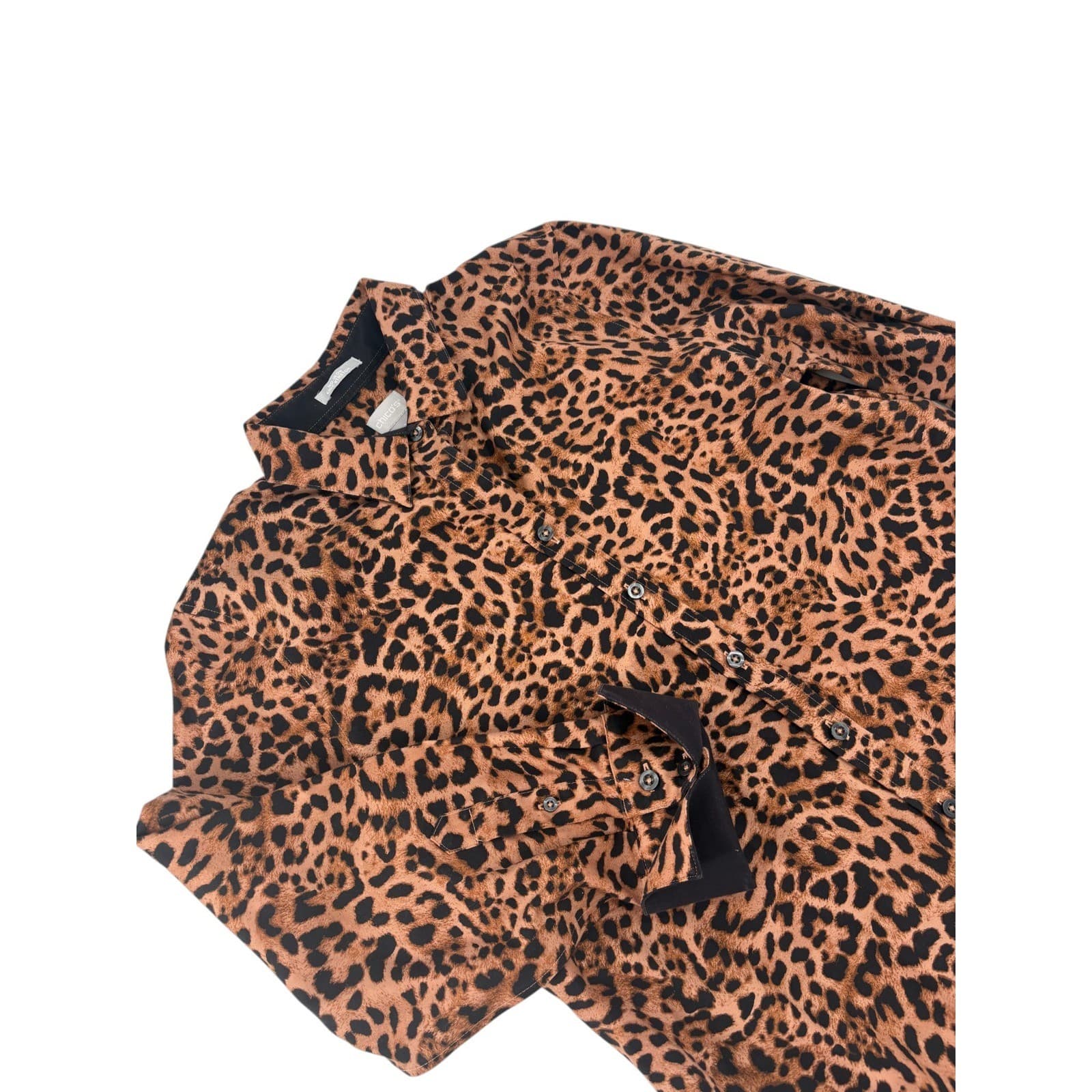 Chico's Button Down Womens 1 Shirt Leopard No-Iron Chic Stretch Brown
