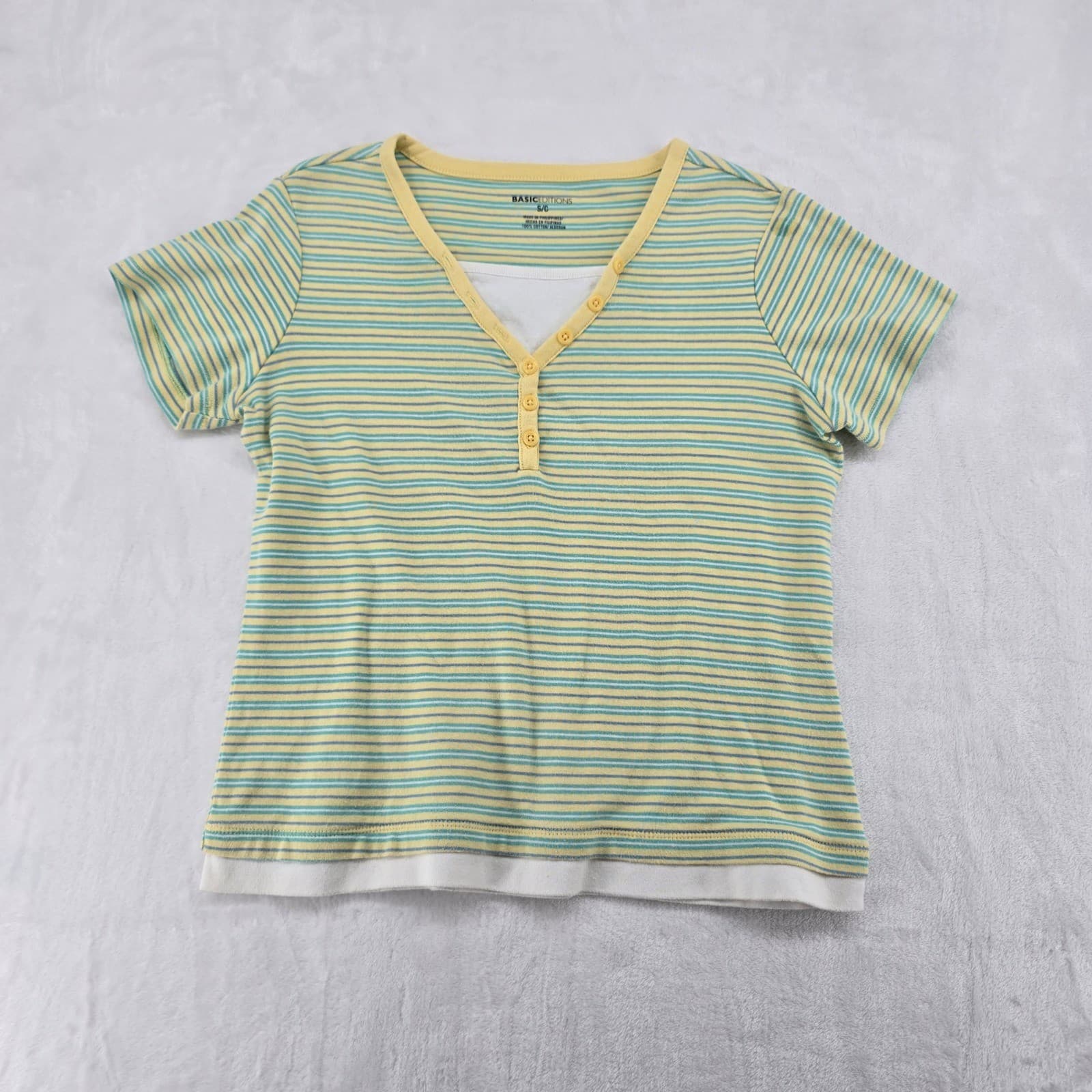 Basic Editions Henley Top Womens S Shirt Yellow Striped Short Sleeve Cotton