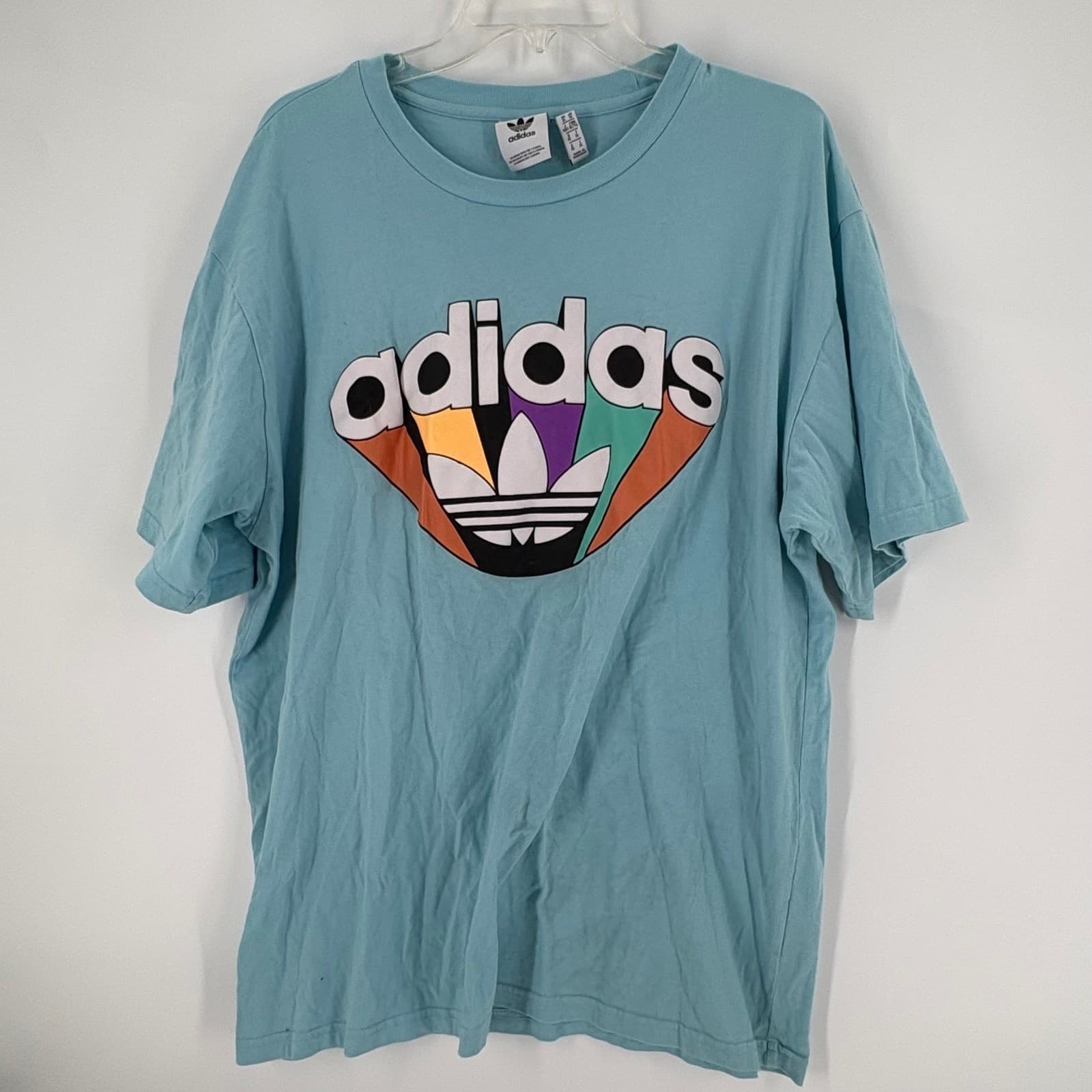 Adidas Womens XL Blue T Shirt Colorful Logo Short Sleeve Casual Top