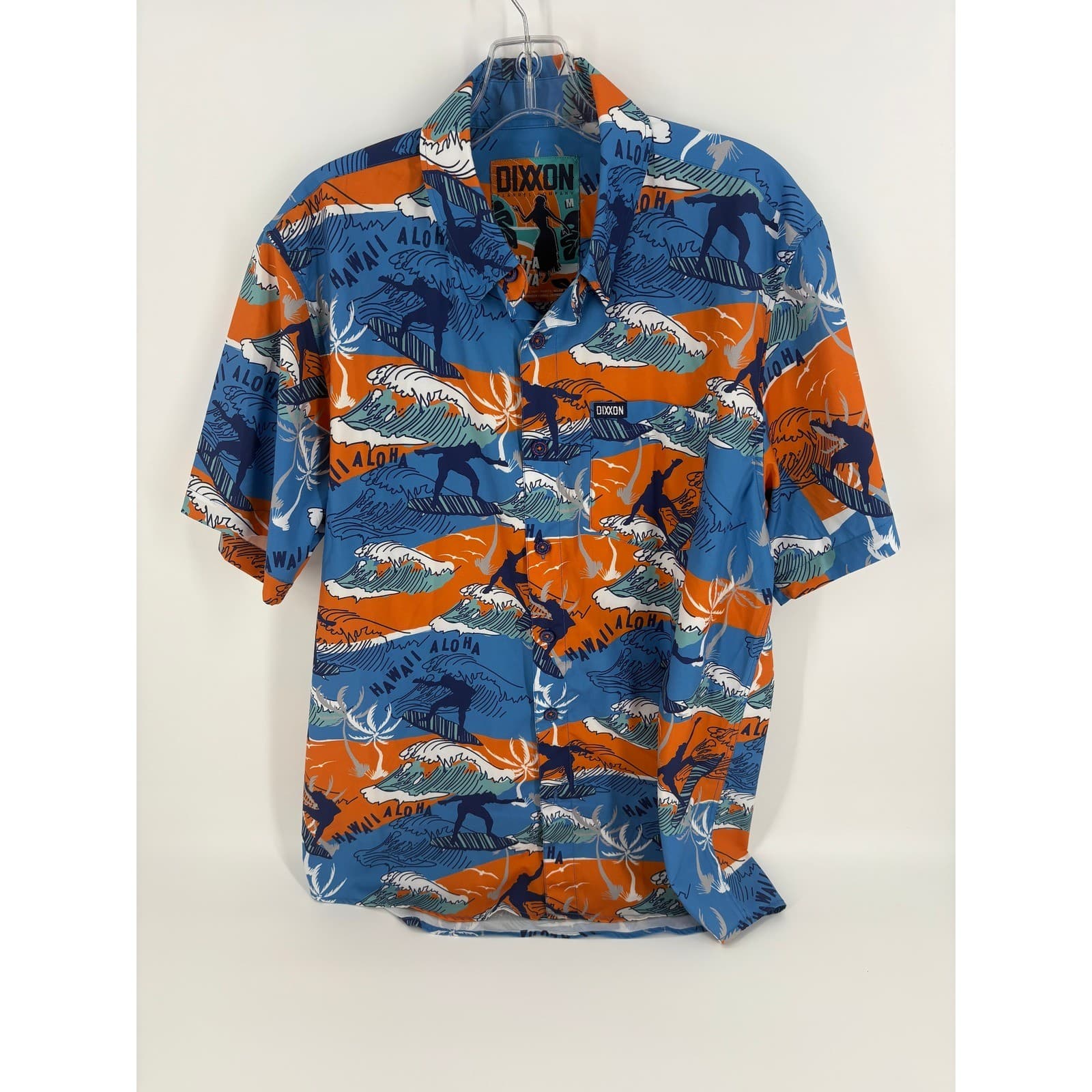 Dixxon Flannel Company Mens Aloha Shirt Surfer Wave Graphic Blue Orange M