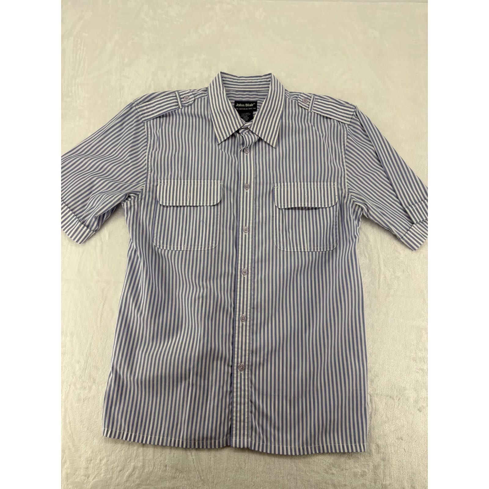 John Blair Shirt Mens M Button Down Blue White Striped Short Sleeve Epaulette