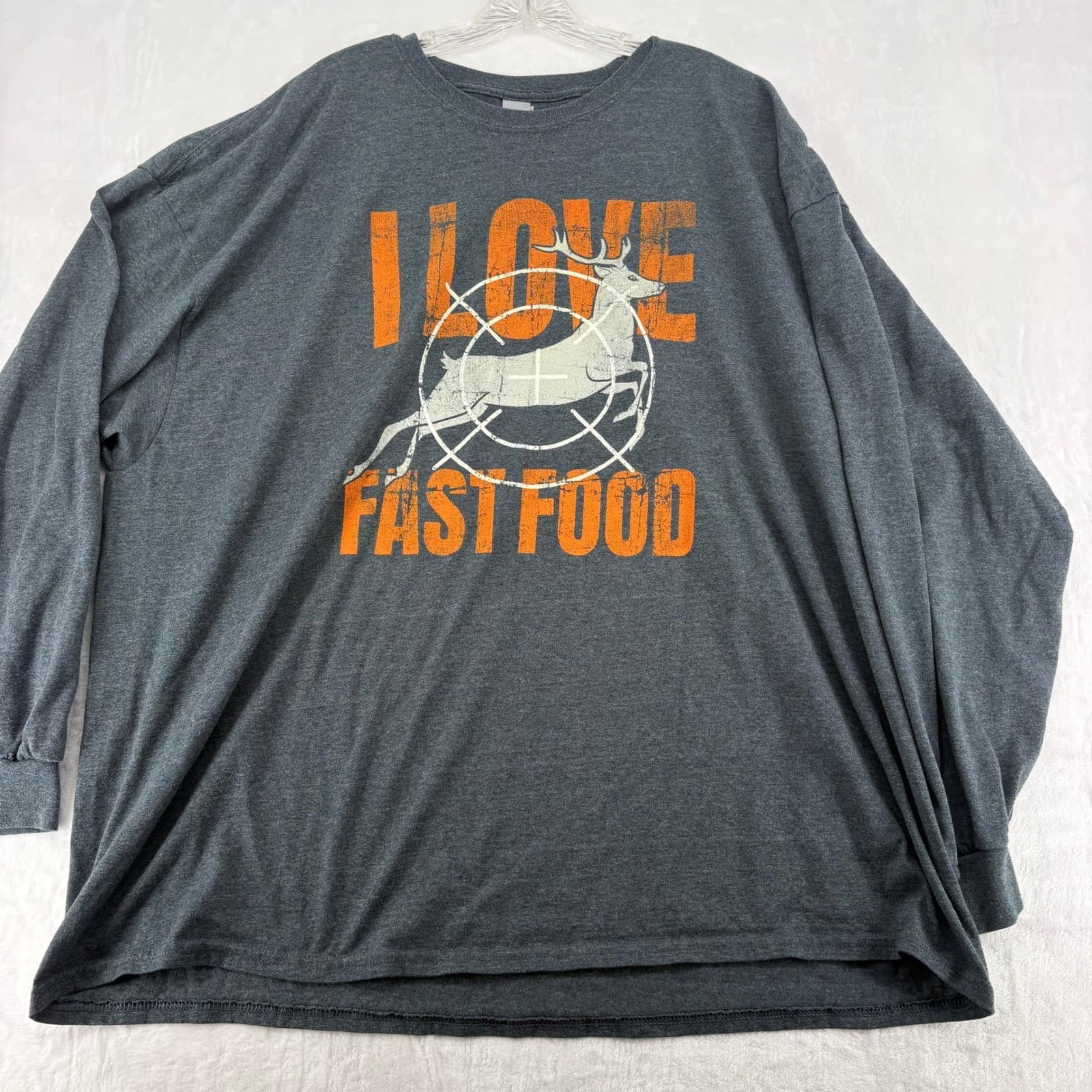 Gildan T-Shirt Mens 4XL Long Sleeve Gray I Love Fast Food Deer Hunting Graphic