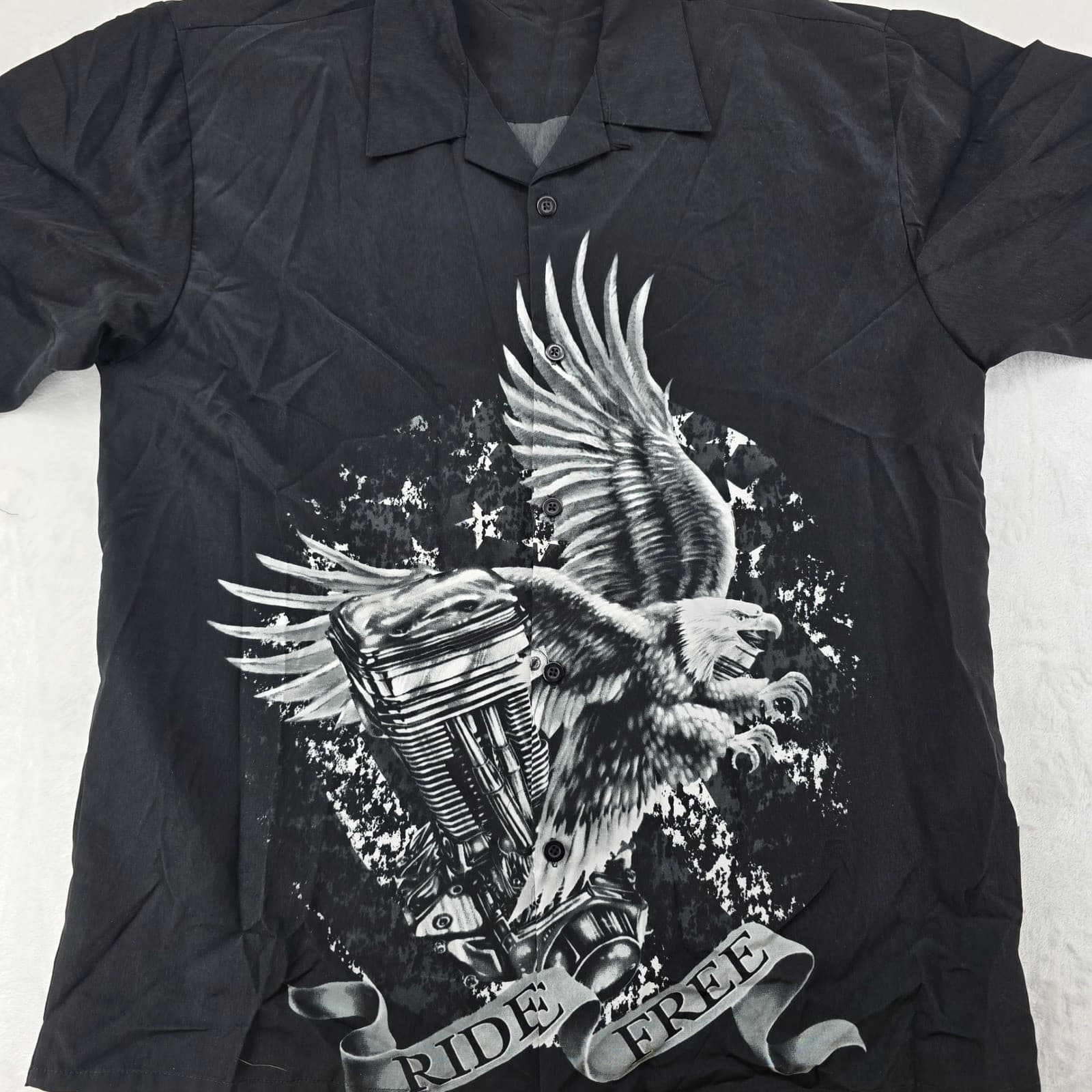 Sapphire Lounge Shirt Mens XL Button Down Black Ride Free Eagle Biker Graphic