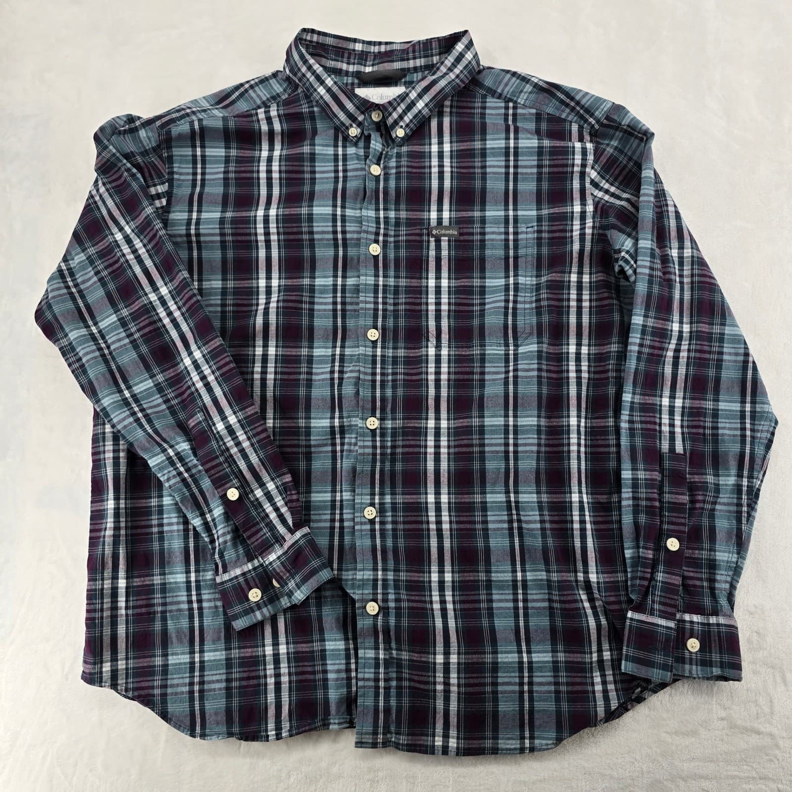 Columbia Button Down Mens XXL Shirt Purple Teal Plaid Long Sleeve AM7968